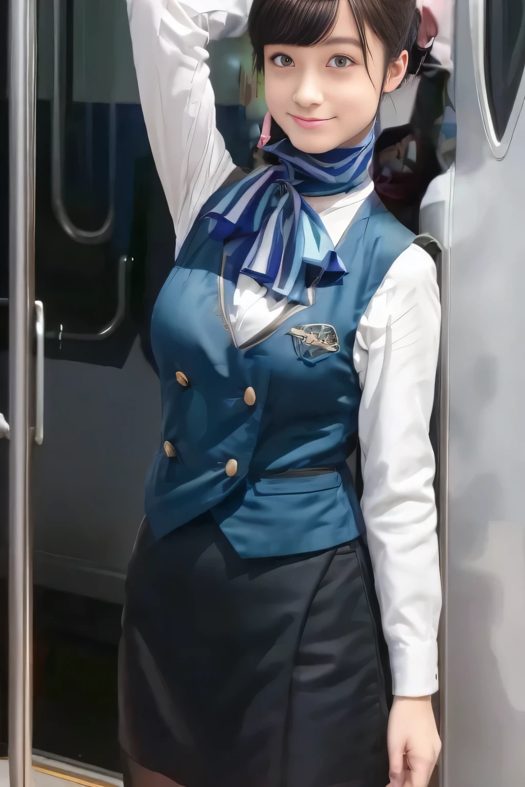 (masterpiece:1.2,  best quality:1.2), 32kHDR,  kampala, (Alone、  1 girl)、（What is 、  professional lighting）、In-flight background、（Nankai Train crew uniformを着たリアルなスタイル）、（（Nankai train crew uniform green vest））、（（ Nankai train crew uniform collarless white long sleeve blouse）） 、（（Black Curly Culotte Skirt 、Scarf around the neck））、 Dark brown hair 、（ Long Hair、Hair tied up、Hair tied up）、 Dark brown hair 、 Long Hit 、Big Breasts、Thin legs、（（ amazing hands：2.0）），（（  Harmonious Body Proportions ：1.5）），（（Normal limbs：2.0）），（（Usually refers to：2.0）），（（ delicate eyes ：2.0）），（（Normal eyes：2.0））)、smile、（Nankai Train crew uniformを着た美しい姿）、Hands clasped underneath
