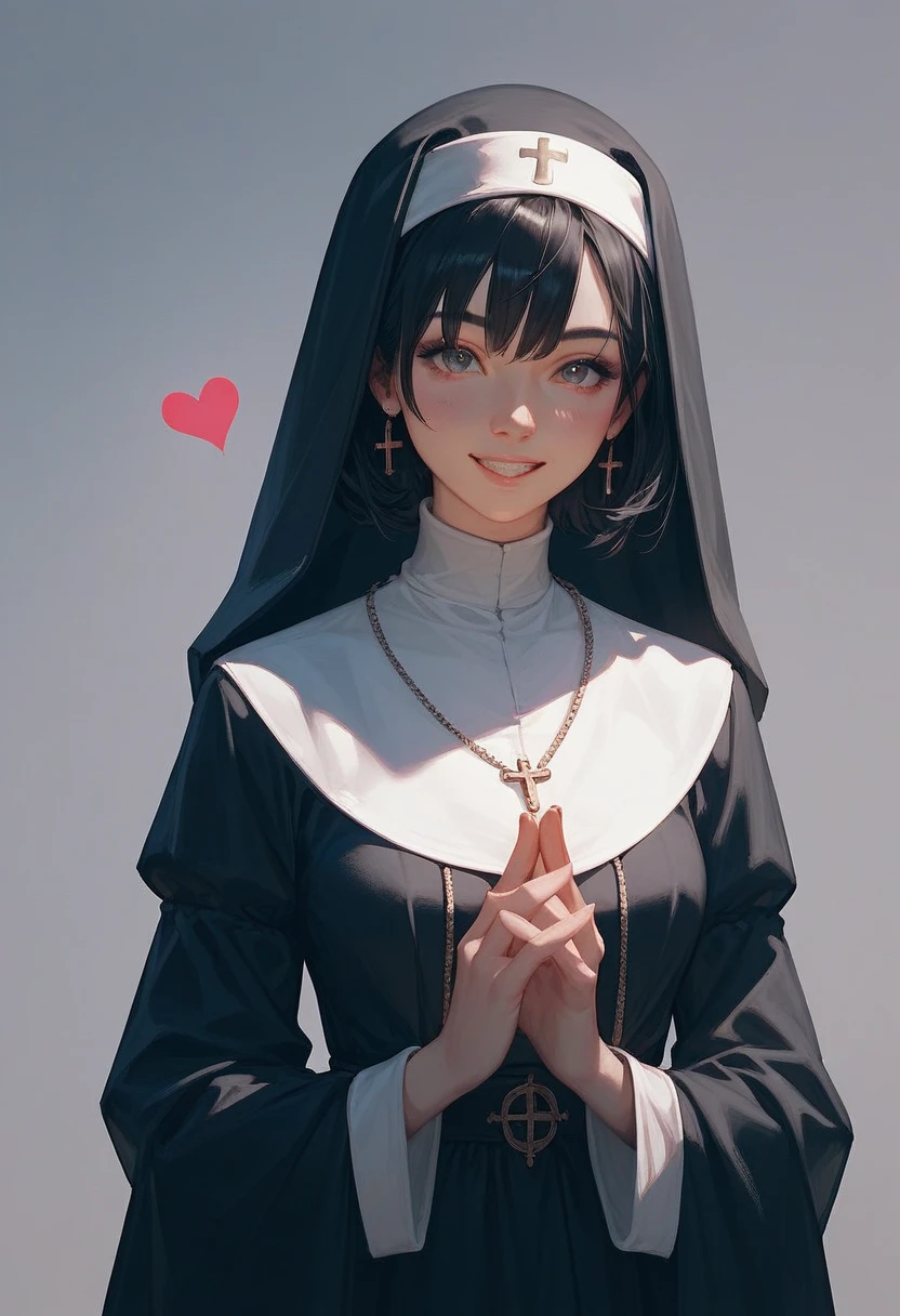 
Score_9,Score_8_up,Score_7_up,highest quality,detailed,1 girl,  anatomically correct 、The cutest goddess in the world、humble smile 、Short black hair、、Beautiful girl dressed as a nun、 make a heart with both hands
