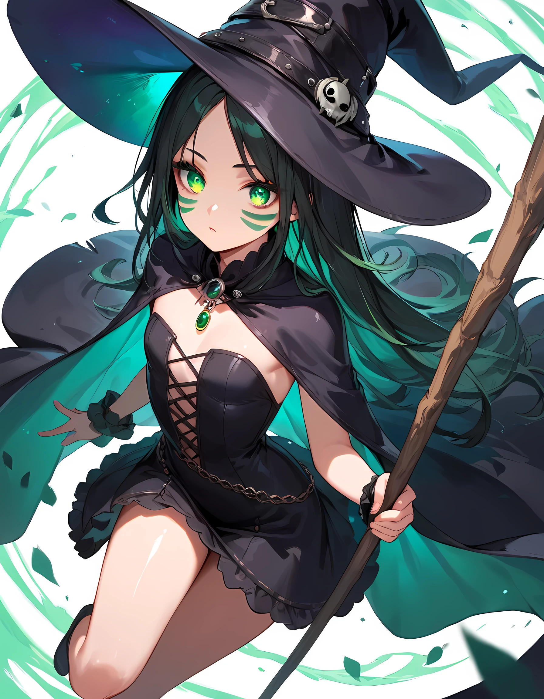 score_9, score_8_up, score_7_up,source_anime, high res image,masterpiece,best quality,girl,cute face,clear skin,shiny hair,ultra detailed eyes、flat chest、 looking down from above、witch costume, pointed hat, black flowing dress, broomstick, green face paint, long cape, gothic jewelry, dark makeup, mystical aura