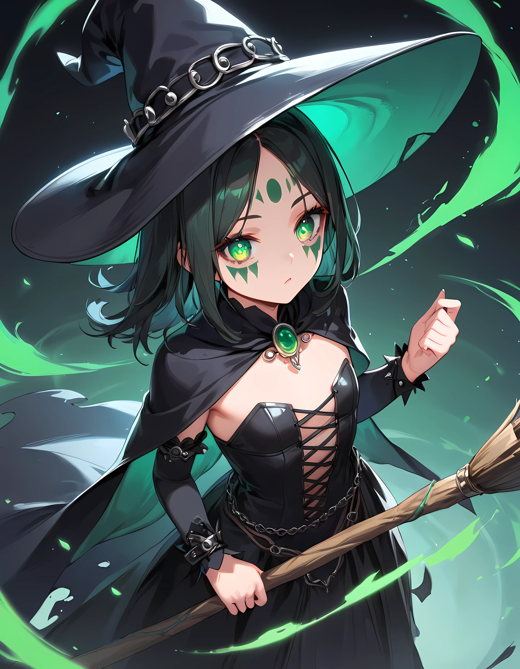 score_9, score_8_up, score_7_up,source_anime, high res image,masterpiece,best quality,girl,cute face,clear skin,shiny hair,ultra detailed eyes、flat chest、 looking down from above、witch costume, pointed hat, black flowing dress, broomstick, green face paint, long cape, gothic jewelry, dark makeup, mystical aura