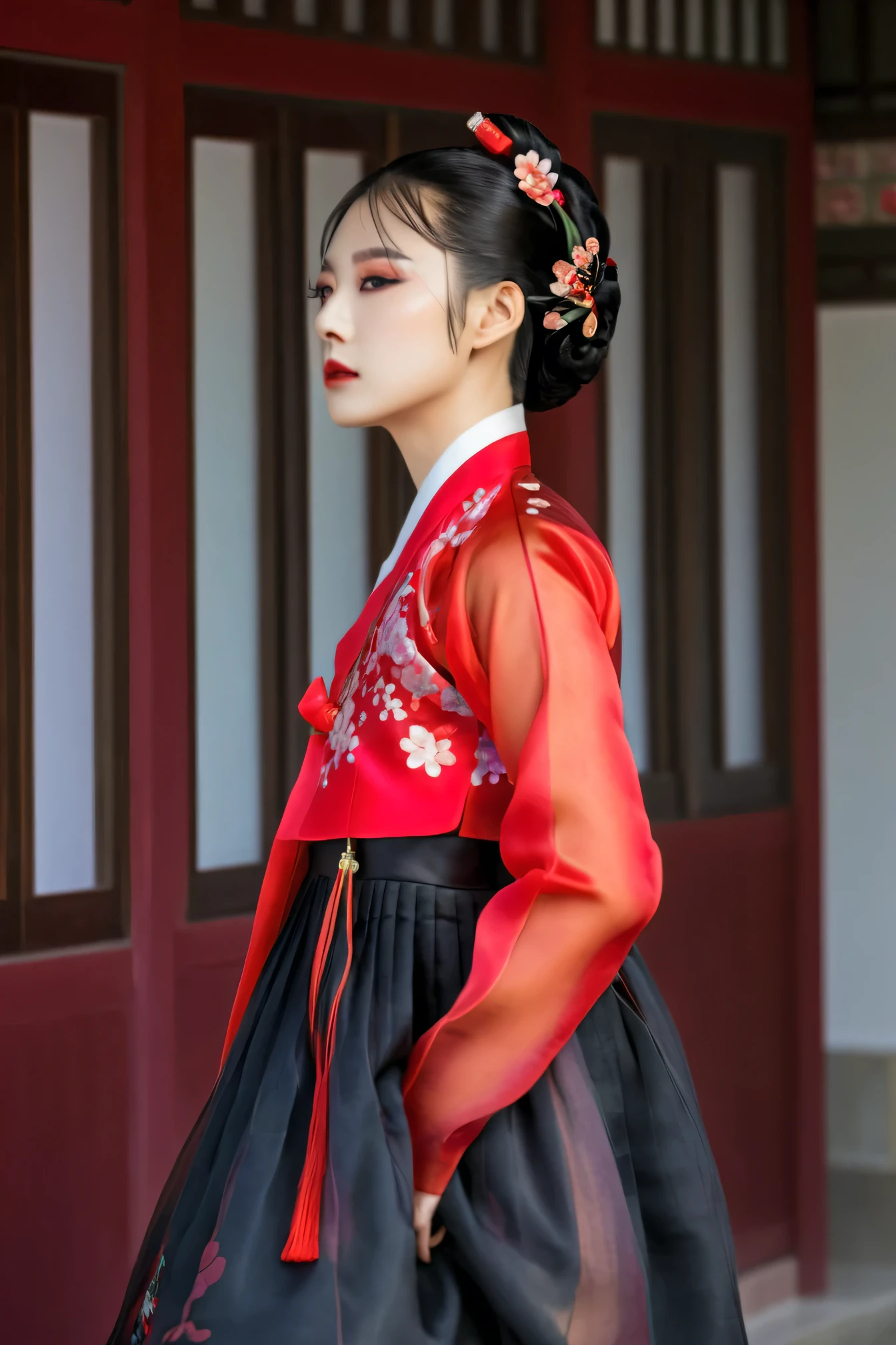 A Korean man in women's hanbok, hi is crossdresser, His face and hairstyle are very masculine, silk, sexy hanbok for sexy women, breasts like a woman, red and black, slender female body, see-through jacket, satin, floral pattern, little side view