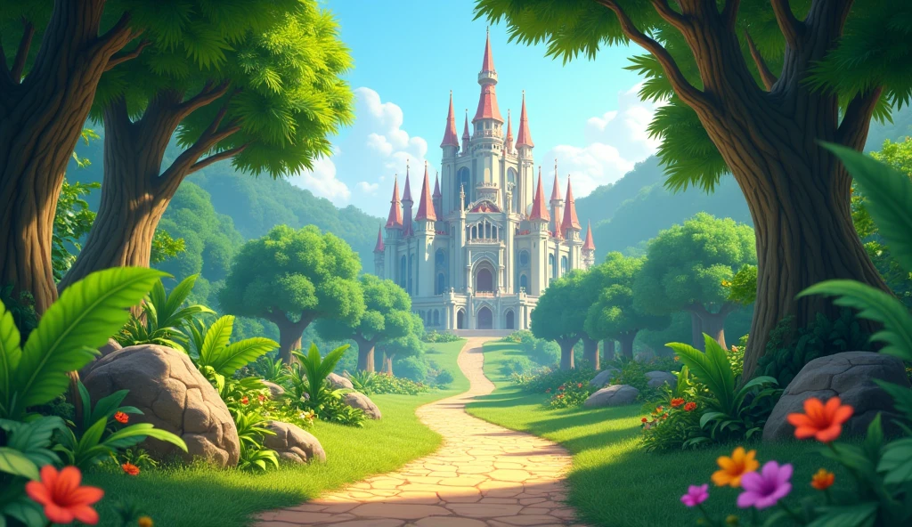 Palace in background, jungle path, no animals 3d animated cartoon