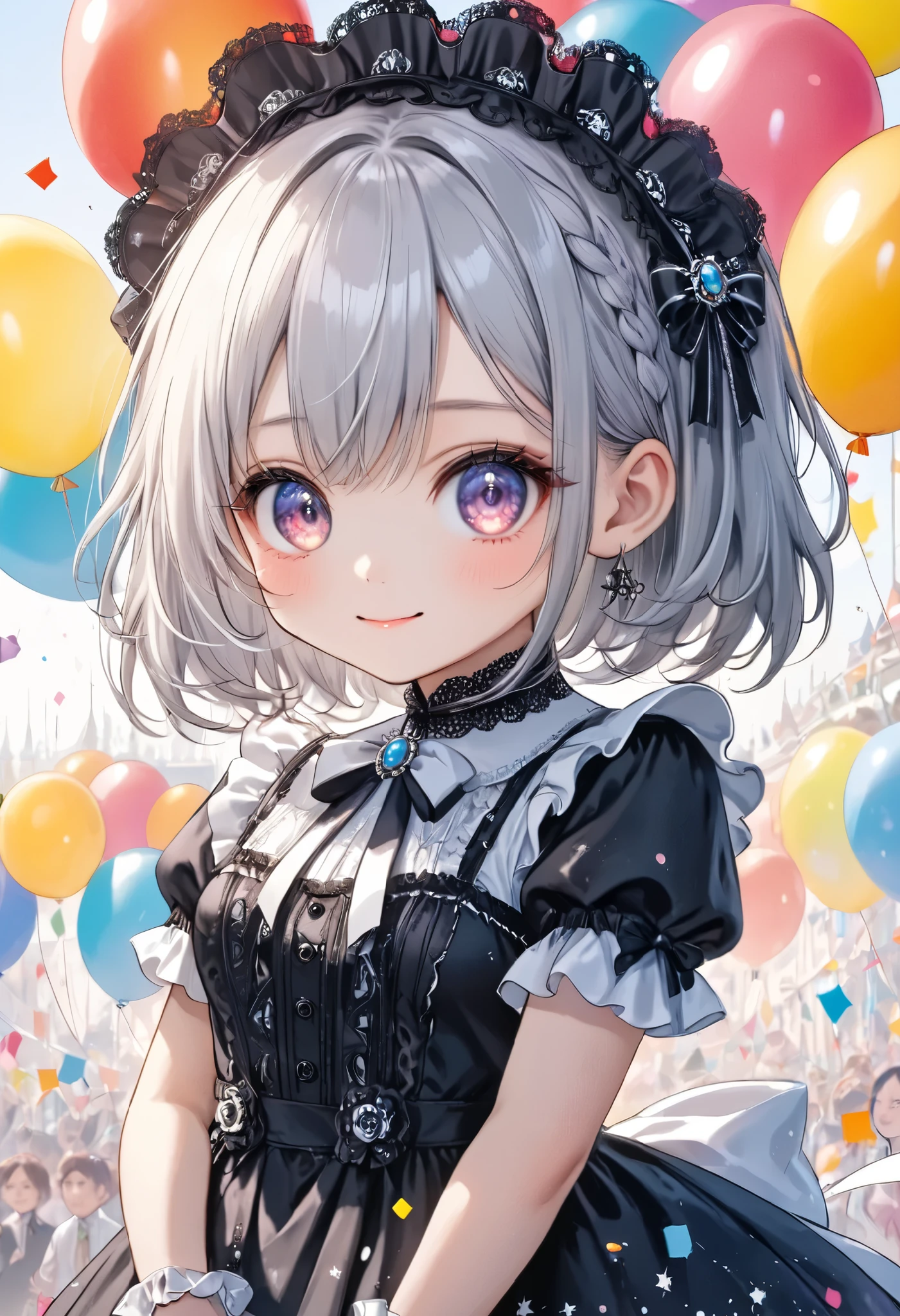 pastel anime illustration, cheerful atmosphere, gothic lolita girl, drkgirl, chibi, upper body, vibrant balloons, detailed lace dress, bright smile, party celebration, joyful mood, intricate details, lively and festive, holding a blank white board with both hands, white board facing the viewer, interactive and engaging