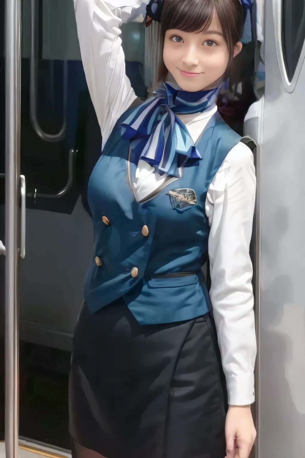 (masterpiece:1.2,  best quality:1.2), 32kHDR,  kampala, (Alone、  1 girl)、（What is 、  professional lighting）、In-flight background、（Nankai Train crew uniformを着たリアルなスタイル）、（（Nankai train crew uniform green vest））、（（ Nankai train crew uniform collarless white long sleeve blouse）） 、（（Black Curly Culotte Skirt 、Scarf around the neck））、 Dark brown hair 、（ Long Hair、Hair tied up、Hair tied up）、 Dark brown hair 、 Long Hit 、Big Breasts、Thin legs、（（ amazing hands：2.0）），（（  Harmonious Body Proportions ：1.5）），（（Normal limbs：2.0）），（（Usually refers to：2.0）），（（ delicate eyes ：2.0）），（（Normal eyes：2.0））)、smile、（Nankai Train crew uniformを着た美しい姿）、Hands clasped underneath
