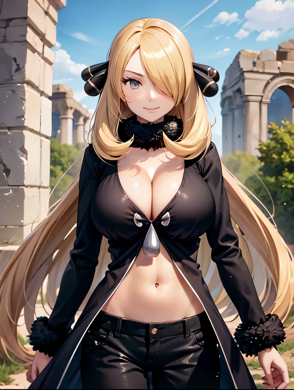 Perfect CG unity 8K UHD wallpaper, Perfect CG unity 8K UHD wallpaper, absurdres, best quality, 1girl, solo, looking at viewer, grey eyes, floating hair, defCynthia, blond hair, very long hair, hair over one eye, one eye covered, hair ornament, fur collar, smile, cleavage, black gown, long sleeves, black pants, outdoors, ((ancient ruins)), cowboy shot, large breasts, exposee navel