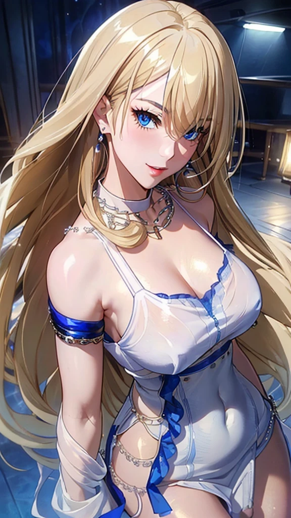 A masterpiece of the highest order, ultra high precision, ultra high image quality, 8K quality, realistic anime style, a woman, a perfect woman with the best anatomical and ergonomic face and body, a well-proportioned face and body, (((Long hair:1.3))), (((Blue colored highlights hair:1.2))), (((shiny Blonde hair:1.2))), (((long bangs:1.2))), a slim face, ((narrow deep clear Blue eyes:1.2)), (((deep glossy and shining eyes))), (((eyes with highlights))), (((very long eyelashes))), thin red lips, a tall and slender body, (very large and heavy breasts:1.4), tight waist, large hips, white skin, moist and lustrous skin, (((Sexy Blue dress))), (((slit Lace Dress:1.2))), (((large earrings))), (((Pearl necklaces:1.2))), (((bangles, rings))), (((beautiful smile))), mysterious atmosphere, great presence, ((upper body, sexy pose))
