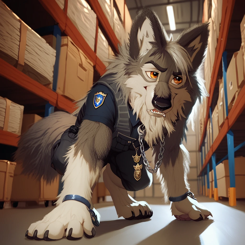 score_9, score_8_up, score_7_up, score_6_up, very long haired, anthro furry, wolf, wearing a black police vest, sniffling boxes, cargo storage room, chain collar, badge, crouching, long snout 