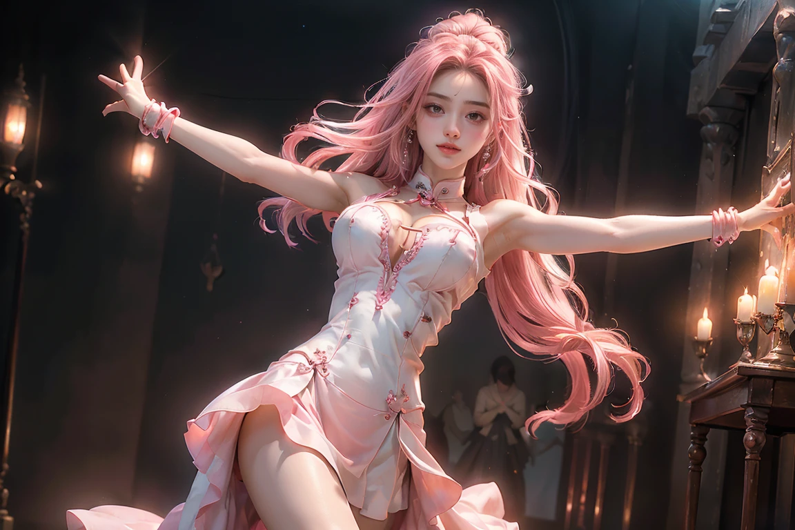 ((masterpiece, highest quality, Highest image quality, High resolution, photorealistic, Raw photo, Extremely detailed CG unified 8k wallpaper)), (huge stunning goddess shot, very hot and sexy, jaw-dropping beauty, perfect proportions, beautiful body, slim body beauty:1.4), (magical girl flying in the night sky)、(Holding a magic wand:1.3)、Are standing、big breasts、(cleavage)、big ass、(thigh focus)、pink long blonde、ponytail、brown eyes、(detailed eyes and face)、Accurately drawn face、(intricate pink and white dress)、Layer Dresses、super mini skirt、(I can see your butt)、white leather knee high boots、vivid contrasting colors、intricately designed details、(beautiful hands:1.3)、(heart shaped pink effect:1.5)、(dynamic pose)、(happy Smile)、(open your arms:1.5)、(background Sparks dance in the night sky:1.3)、(view from below)、