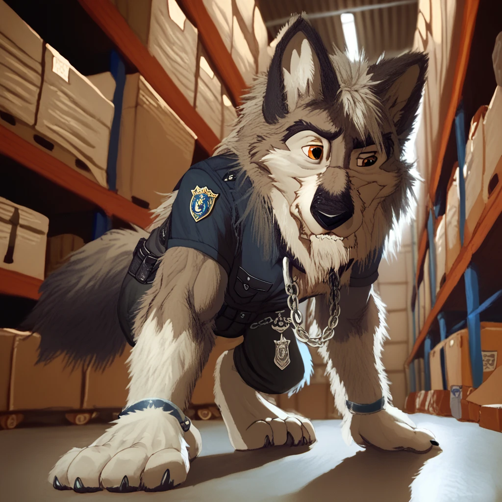 score_9, score_8_up, score_7_up, score_6_up, very long haired, anthro furry, wolf, wearing a black police vest, sniffling boxes, cargo storage room, chain collar, badge, crouching, long snout 