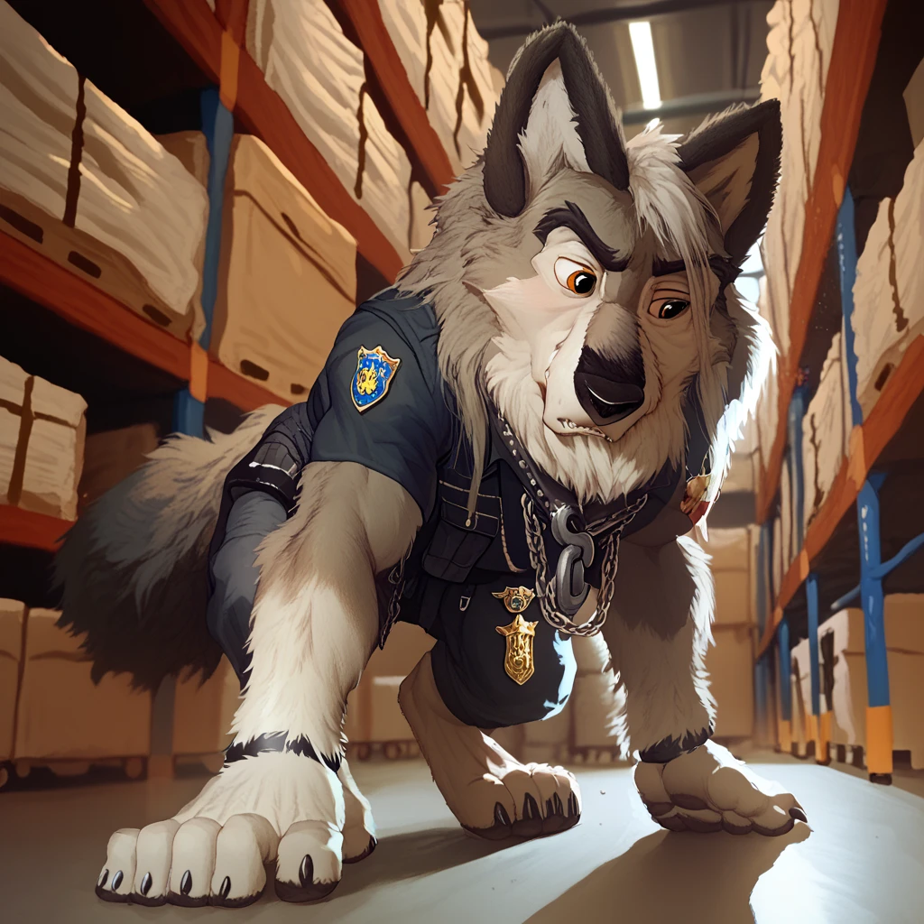 score_9, score_8_up, score_7_up, score_6_up, very long haired, anthro furry, wolf, wearing a black police vest, sniffling boxes, cargo storage room, chain collar, badge, crouching, long snout 