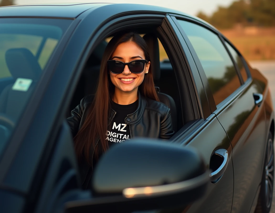 sexy white girl, black hair, smiling, next to a car