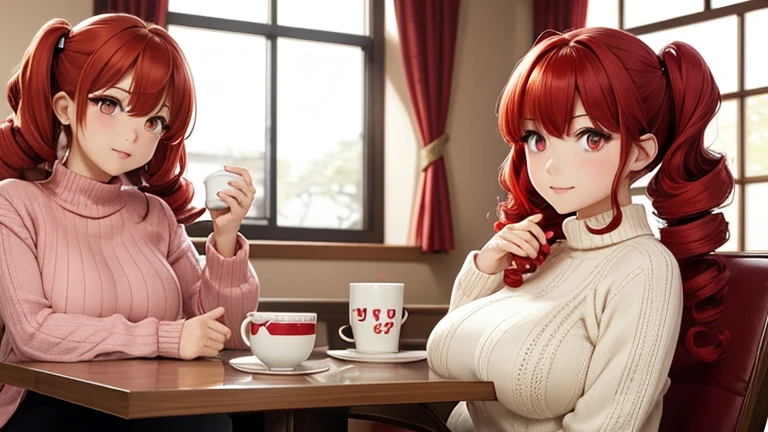  side-top twin tails、Red Curly Hair、bangs、 slim body、 very large breasts、 ball shaped breasts 、Red eyes、 red contact lenses、 hair between eyes、Red Hair、Kind Face、drill curls 、 beautiful Japanese woman、Five fingers、Real women、 plump body 、indoor、Woolen sweater、Sit at the living room table and drink a hot drink