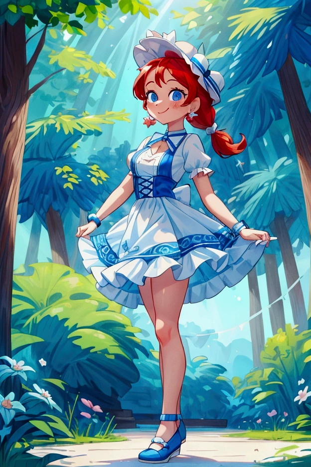 (masterpiece, best quality), 1girl, blue and white frill dress, red hair, two ponytails, cute face, blue eyes, standing, outdoor, intricate detail, sunlight, cute dog hat, sexy pose, blue and white shoes, earrings, elegant hand watch, smile, coquette, gorgeous legs, mature teenager body, lovely, gorgeous body, pronounced breasts