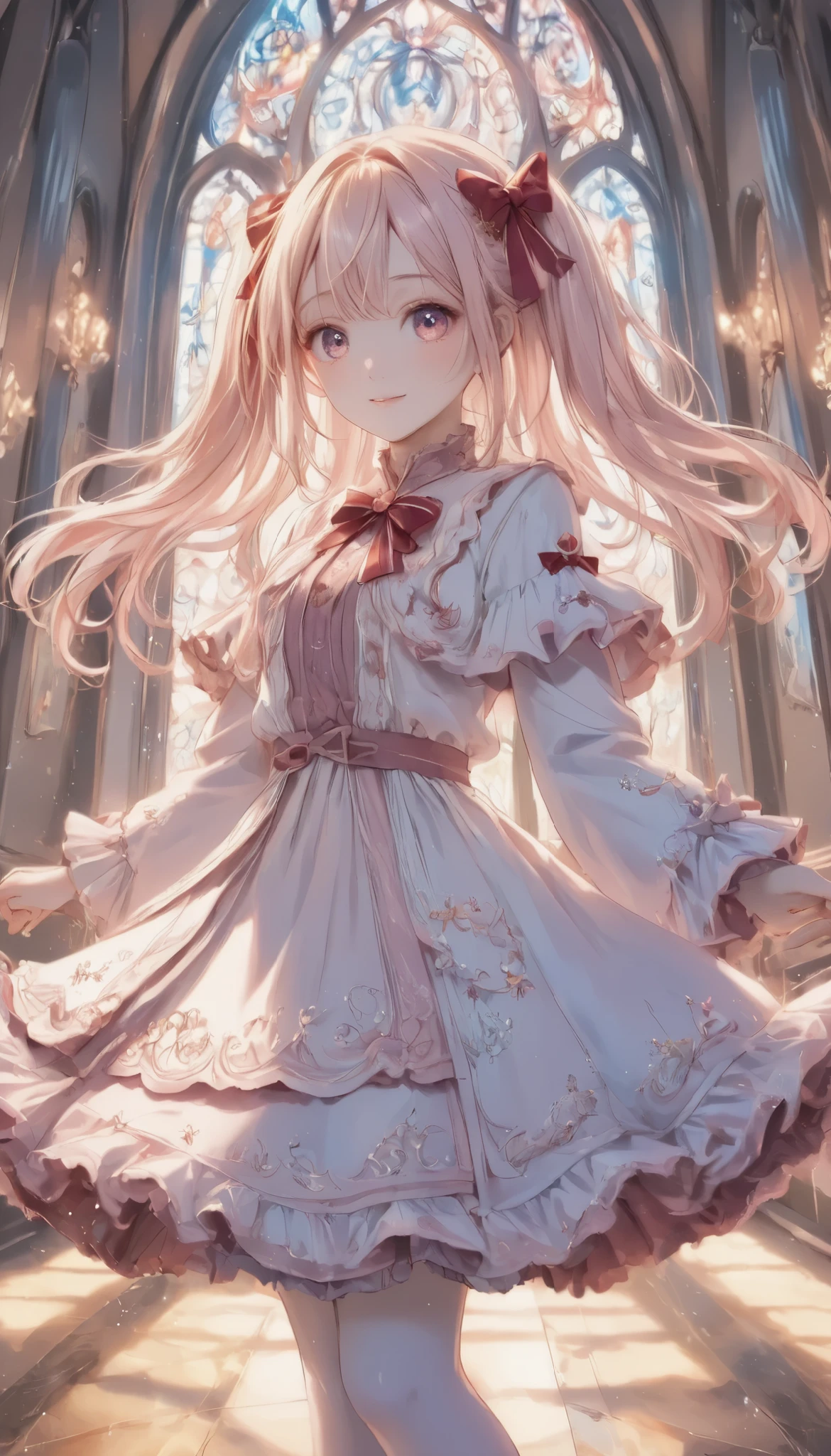 masterpiece, best quality, 8k, highres, ultra-detailed, HDR, UHD, pastel,
Low Fidelity (lofi) art style,
pastel pink and purple tones, illustration, best quality, 1girl, blonde hair, long hair, twin tails, red bow, music-themed outfit, musical note hair clip, white jacket, piano key pattern, plaid skirt, frilly hem, thigh-high stockings, brown shoes, ribbon accents, cheerful expression, open arms, dynamic pose, floating colorful music notes, vibrant, whimsical atmosphere, white background
