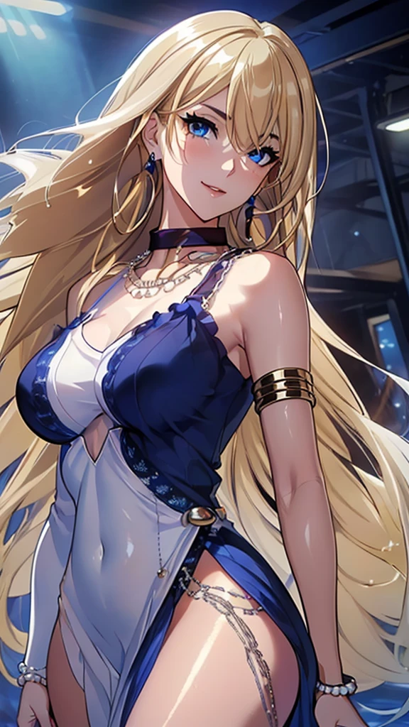 A masterpiece of the highest order, ultra high precision, ultra high image quality, 8K quality, realistic anime style, a woman, a perfect woman with the best anatomical and ergonomic face and body, a well-proportioned face and body, (((Long hair:1.3))), (((Blue colored highlights hair:1.2))), (((shiny Blonde hair:1.2))), (((long bangs:1.2))), a slim face, ((narrow deep clear Blue eyes:1.2)), (((deep glossy and shining eyes))), (((eyes with highlights))), (((very long eyelashes))), thin red lips, a tall and slender body, (very large and heavy breasts:1.4), tight waist, large hips, white skin, moist and lustrous skin, (((Sexy Blue dress))), (((slit Lace Dress:1.2))), (((large earrings))), (((Pearl necklaces:1.2))), (((bangles, rings))), (((beautiful smile))), mysterious atmosphere, great presence, ((upper body, sexy pose))
