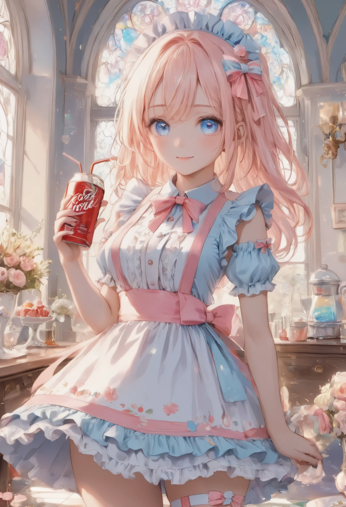 masterpiece, best quality, 8k, highres, ultra-detailed,HDR, UHD, illustration, best quality,pastel,  colorful, 1girl, long blonde hair, blue eyes, hair bow, cute maid outfit, frilly dress, apron, thigh-high socks, ribbons, holding drink, soda can, heart-shaped straw, holding tray, parfait, whipped cream, pastel colors, candy-themed accessories, bandage on thigh, cheerful expression, indoors, checkered wallpaper, soft lighting, kawaii aesthetic