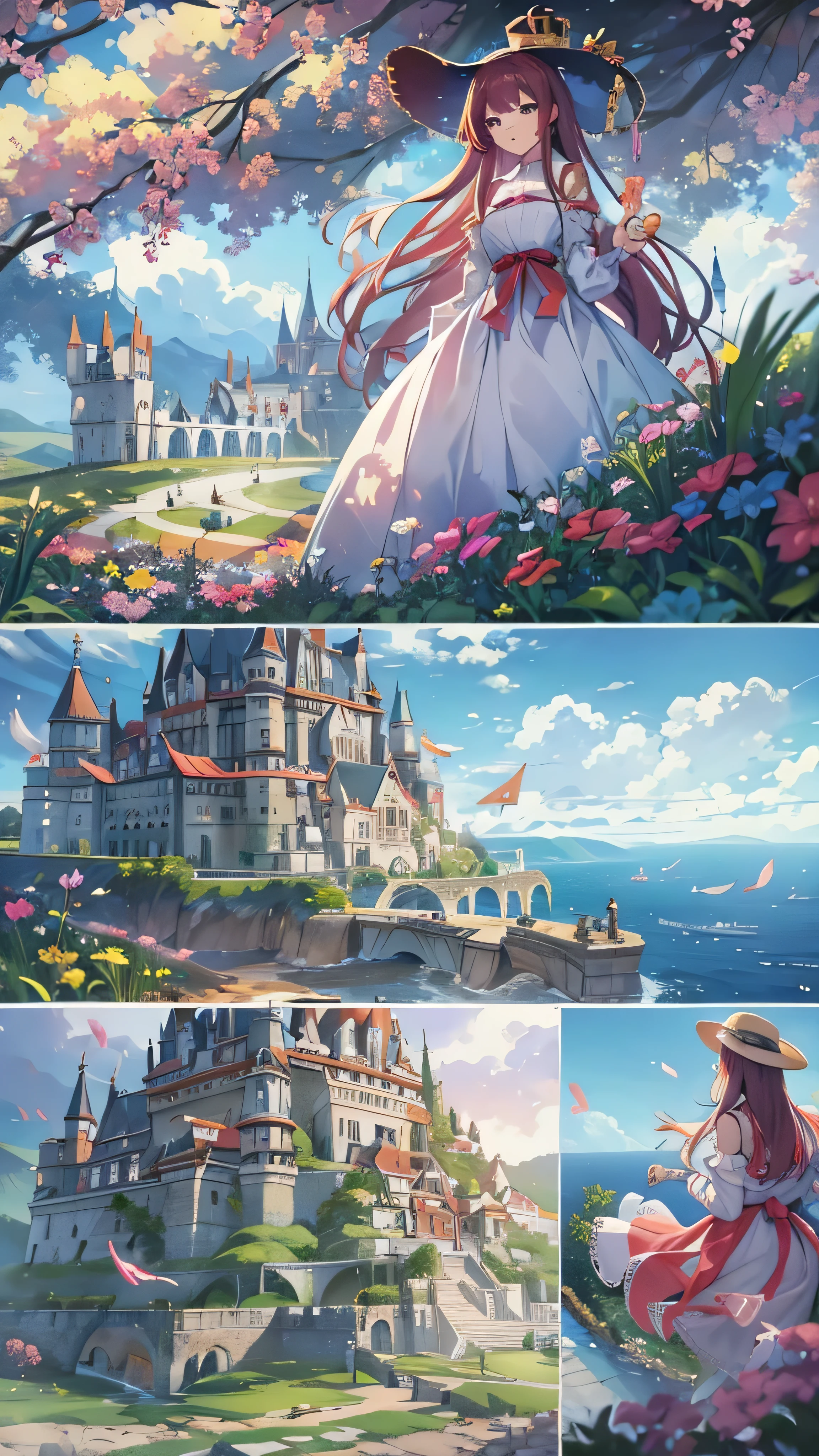 masterpiece、 best quality、The huge castle that can be seen above the sea in the background、one person、 1 girl、 maroon hair in the garden、 face details、Navy blue dress、Castle behind、 watching viewers 、Outdoor、To the sea、On the rock、Huge castle、crown、 standing、whole body、 cowboy shooting 、