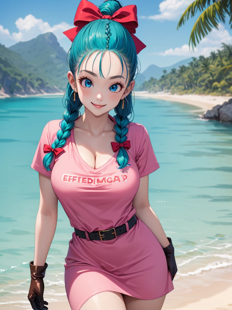 perfect anatomy, super detailed skin, (bulma, blue eyes, blue hair, aqua hair, single braid, braided ponytail, red ribbon, hair bow, earrings forehead:1.2), masterpiece、 best quality、masterpiece,  high definition , 8K quality,  perfect face, 1 girl, beautiful face, beautiful detailed eyes, Alone,  beautiful face、confident smile, Glossy lips, red cheek, large breasts,  cleavage, Wide hips、 Tight waist 、confident smile, (short dress, pink dress, vertical-striped dress, short sleeves, belt, clothes writing, brown gloves, single glove, panties), thigh, Model Pose, cowboy shot, Private beach, white sand, natural sunlight,  covered nipples, 