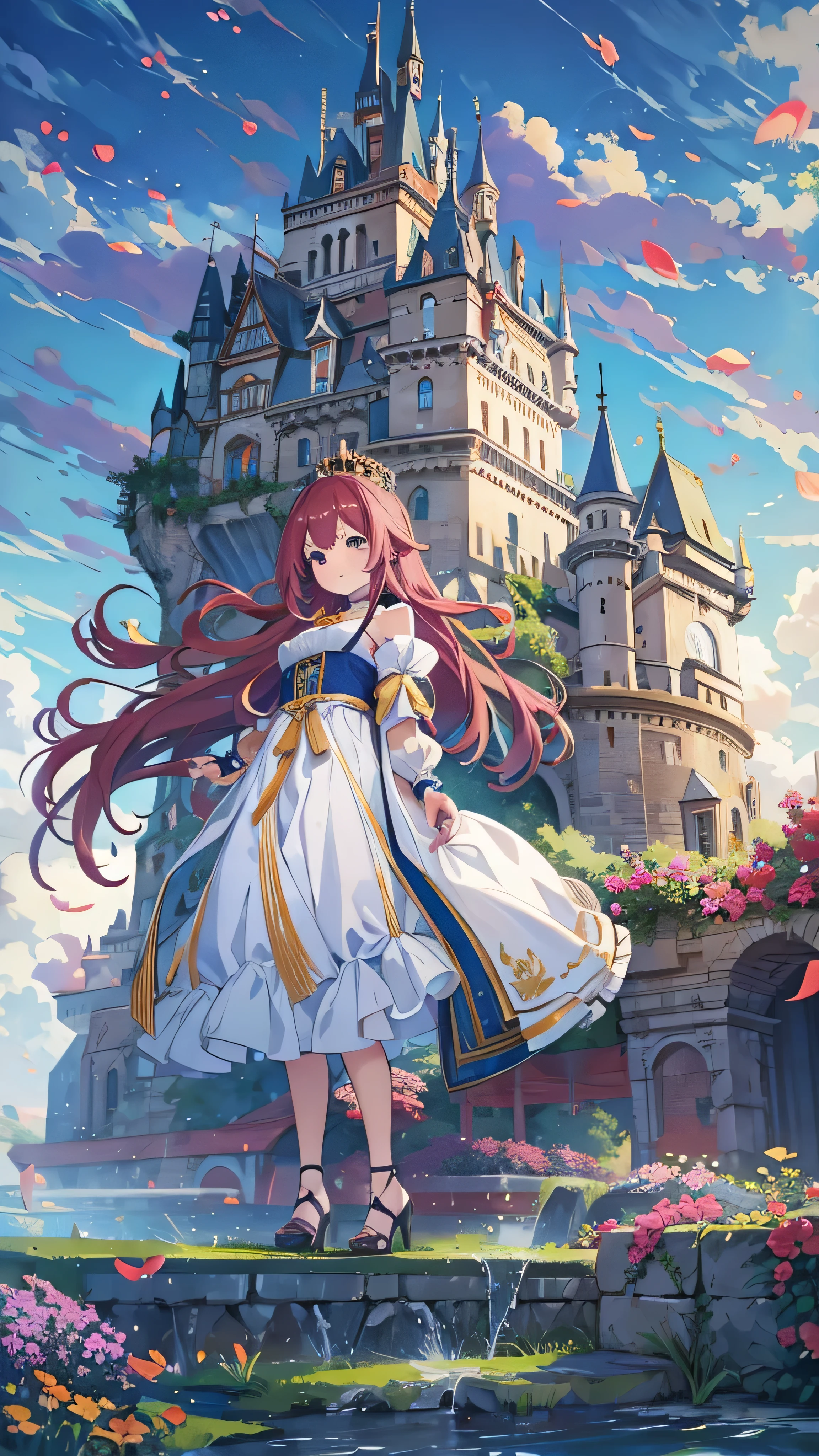 masterpiece、 best quality、The huge castle that can be seen above the sea in the background、one person、 1 girl、 maroon hair in the garden、 face details、Navy blue dress、Castle behind、 watching viewers 、Outdoor、To the sea、On the rock、Huge castle、crown、 standing、whole body、 cowboy shooting 、