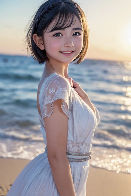 (8k, RAW photo, best quality, masterpiece:1.2), (realistic, photo-realistic:1.4), (extremely detailed 8k wallpaper), sharp focus, depth of field, blur background, bokeh,  cinematic lighting, soft light, on the beach.short hair, smile, elf, elfoutfit, (young face:1.8), cowboy shot