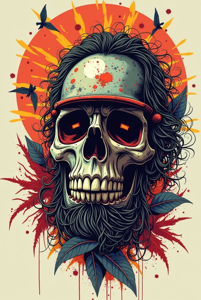 Skull wearing a red 59fifty one size New Era cap with the visor backwards like Fred Durst. with a gourd mate with a straw in hand. With an Adidas Originals jacket and a scarf covering her nose, with dark glasses and black gloves. All this tattooed on one shoulder in black and white minus the cap