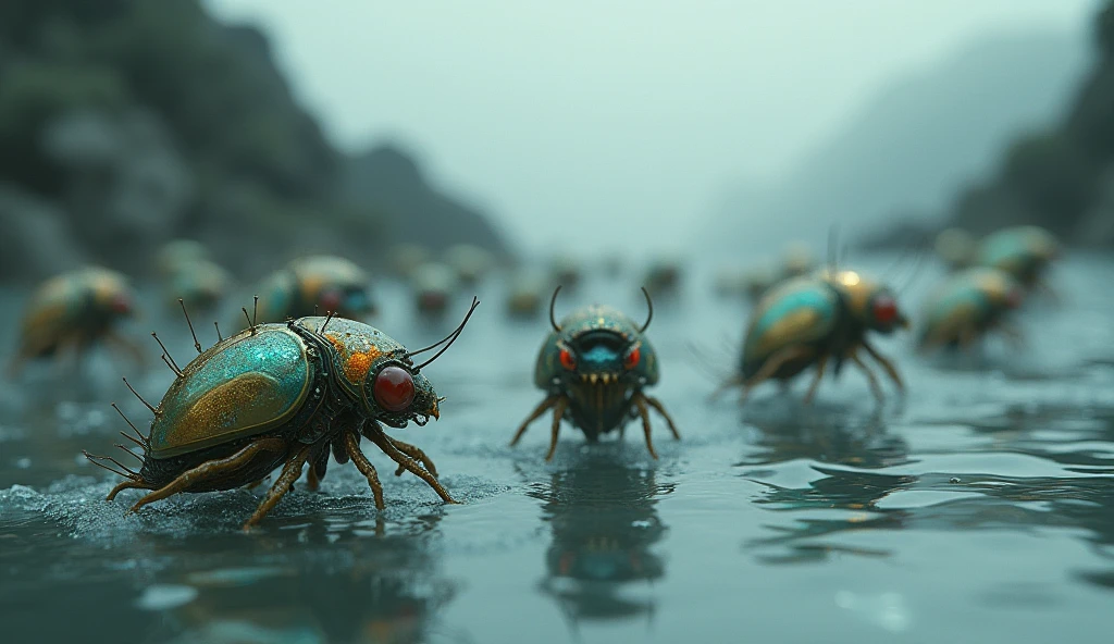 100 lobsters swimming along the river、Horror、His eyes are shining、All the lobsters have their arms up、There is no one