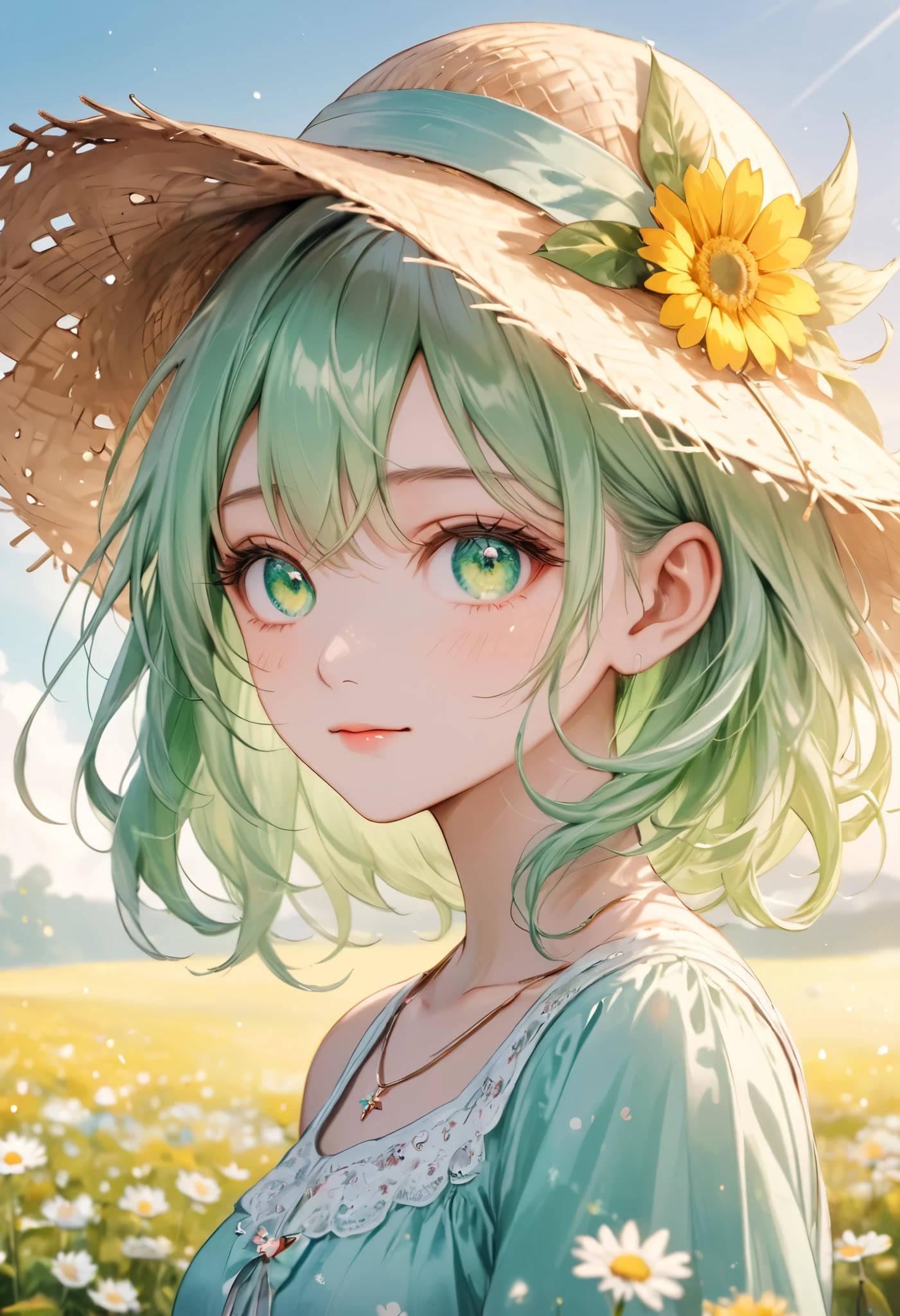 masterpiece, best quality, 8k, highres, ultra-detailed,  HDR, UHD, studio lighting, extreme detail description, professional,pastel,
theme color green, illustration, best quality, 1girl, green eyes, wavy blonde hair, straw hat, ribbon on hat, summer dress, floral print, daisies, flower field, soft smile, holding hat, delicate necklace, cross pendant, sunlight, gentle breeze, light green background, wooden fence, outdoor scene, serene atmosphere, pastel tones, warm and soft lighting
