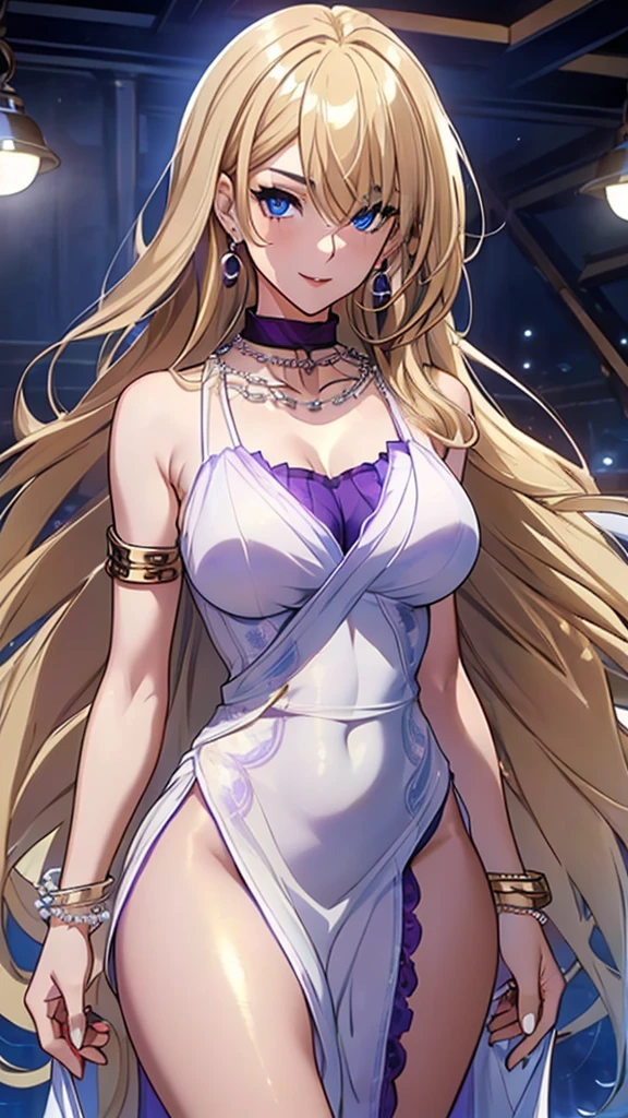 A masterpiece of the highest order, ultra high precision, ultra high image quality, 8K quality, realistic anime style, a woman, a perfect woman with the best anatomical and ergonomic face and body, a well-proportioned face and body, (((Long hair:1.3))), (((Blue colored highlights hair:1.2))), (((shiny Blonde hair:1.2))), (((long bangs:1.2))), a slim face, ((narrow deep clear Blue eyes:1.2)), (((deep glossy and shining eyes))), (((eyes with highlights))), (((very long eyelashes))), thin red lips, a tall and slender body, (very large and heavy breasts:1.4), tight waist, large hips, white skin, moist and lustrous skin, (((Sexy purple dress))), (((slit Lace Dress:1.2))), (((large earrings))), (((Pearl necklaces:1.2))), (((bangles, rings))), (((beautiful smile))), mysterious atmosphere, great presence, ((upper body, sexy pose))
