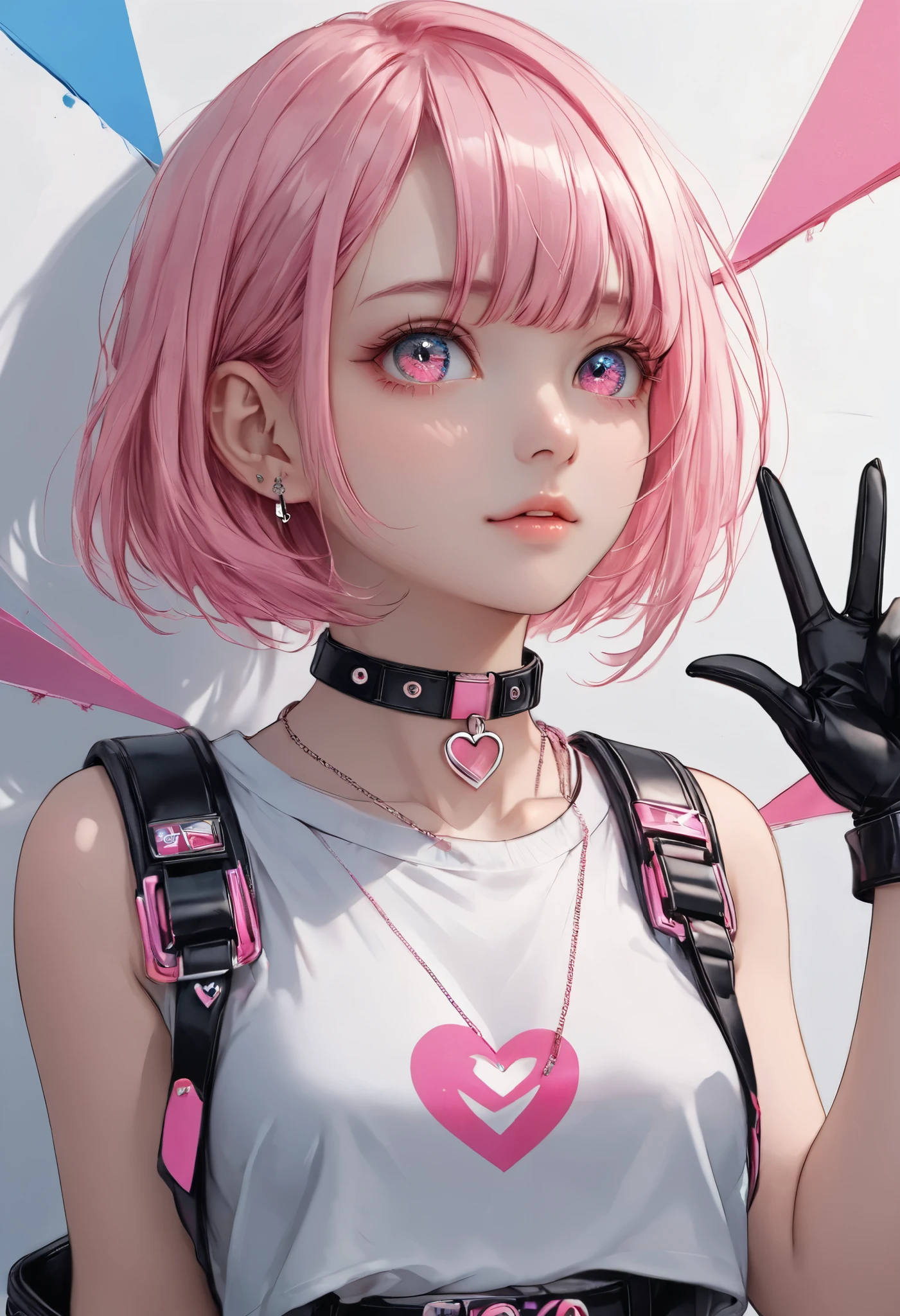 masterpiece, best quality, 8k, highres, ultra-detailed,  HDR, UHD, studio lighting, extreme detail description, professional,pop art,illustration, best quality, 1girl, short hair, pink hair, intense gaze, cyberpunk fashion, crouching pose, peace sign, mechanical hair accessories, leather choker with heart pendant, sleeveless black top, black skirt, black leather gloves with buckles, thick-soled boots, minimalistic background, white backdrop, edgy aesthetic
