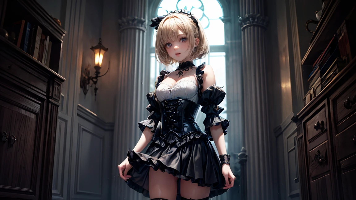 (((Top Quality: 1.4))),(Unparalleled Masterpiece), (Ultra High Definition),(Ultra-Realistic 8k CG),art by Luis Royo, 23-year-old gothic punk girl, detailed cute face, white hair, gothic punk fashion, highly detailed gothic fashion, shot skirt, heavy make up,),(dark red lipstick), size, London mansion background, Backlight effect, lens flare, depth of fields, blurry backround,Detailedface,1 girl,  Detailed eyes, (bob cut hair:1.5), hair bangs,(thigh up shot image :1.5),