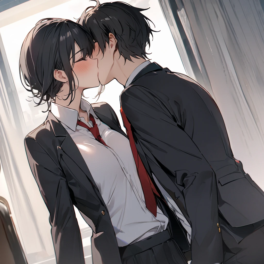 （masterpiece,  best quality:1.2)、(((male)))、student、 Shorthair、 black hair、Black school uniform, black blazer、 white shirt、 red tie、Black trousers、Kiss、 side view