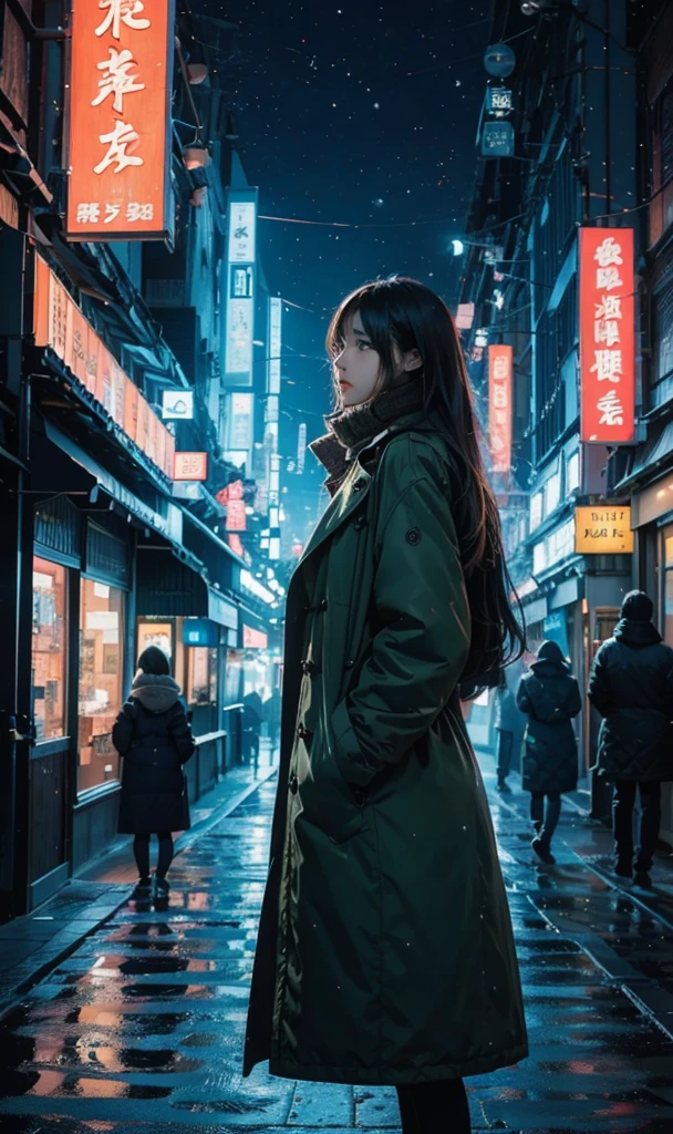  A beautiful woman is standing facing her side like a model,Manga style art  ,Manga style art  ,Manga style art  ,Manga style art  、Quiet city night view、neon、Winter coat、 muffler 、There is no one else、 high definition , masterpiece, 最 High Quality ,  MULTIPLE AWARDS ,  high detail,  high definition model ,  High Quality , 8k.