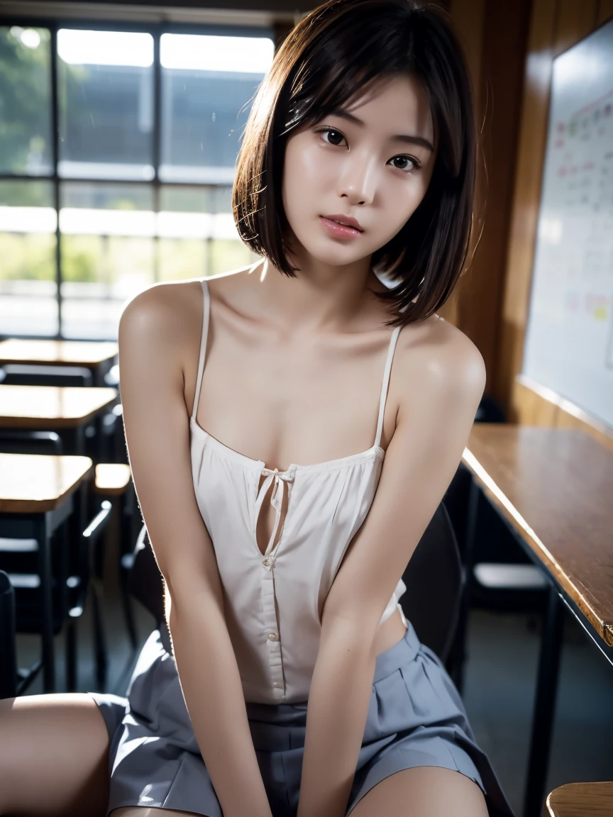 top-quality、8k picture、In a classroom with the setting sun shining through the window、1  sitting on a chair、Cute Beautiful Girl、Hold your knees and sit on a chair、White blouses、a short skirt、I can't see the white panties.、slenderbody、tiny chest、toned legs、Detailed details