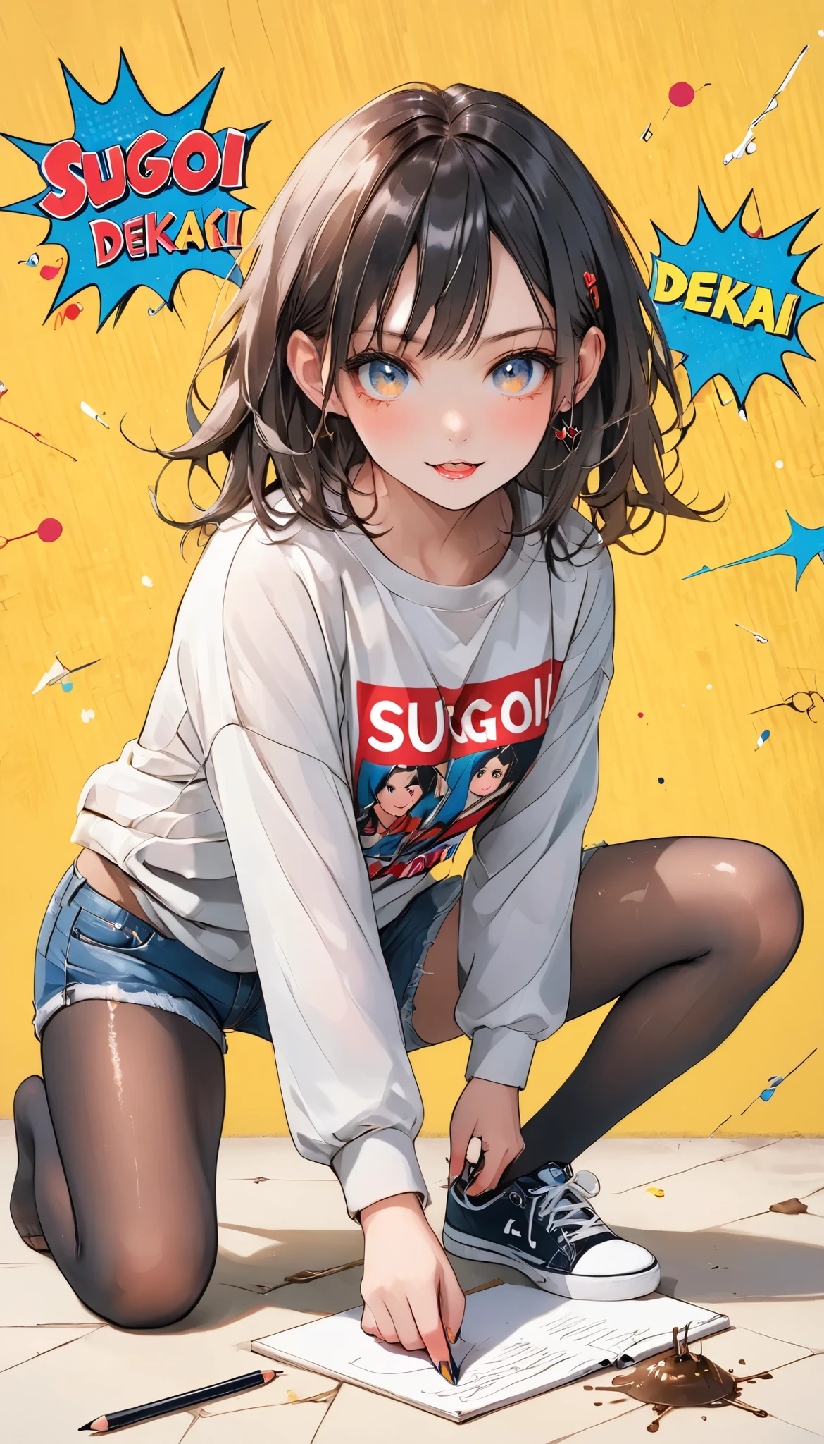 dtorture,pop art,beautiful girl, split leg forward bend,fullbody, uzaki hana, shirt, raglan sleeves, romaji text, clothes writing, long sleeves, denim shorts, pantyhose, fang, T-shirt,writting,T-shirt that says "Sugoi Dekai"