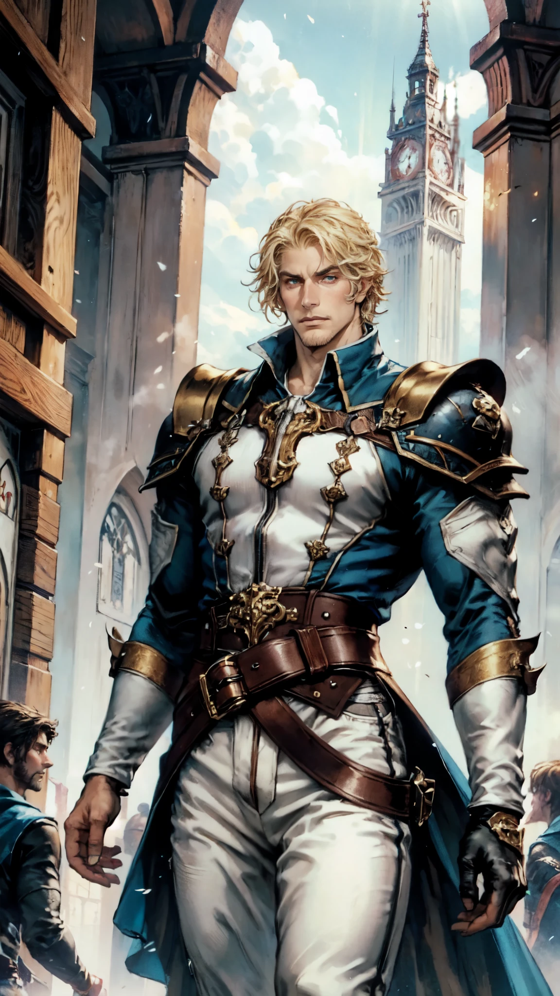 (masterpiece:1.2, best quality:1.2, extremely delicate:1.2), ((male:1.5)), a middle-aged man with short tousled golden hair, deep-set eyes, sharply defined features, serious expression, luxurious yellow-and-white fantasy-style composite silk satin top, silk ribbon cape around the upper body, small metallic shoulder pads, fabric gloves, a belt adorned with metallic gear decorations, dark hem, white fabric trousers, strolling in a medieval fantasy-style city, this character embodies a finely crafted fantasy-style nobleman in anime style, exquisite and mature manga art style, dramatic, high definition, highres, ultra-detailed, ultra-fine painting, professional, perfect body proportions, golden ratio, anatomically correct, symmetrical face, extremely detailed eyes and face, high quality eyes, creativity, RAW photo, UHD, 32k, Natural light, cinematic lighting, (masterpiece-anatomy-perfect:1.2)