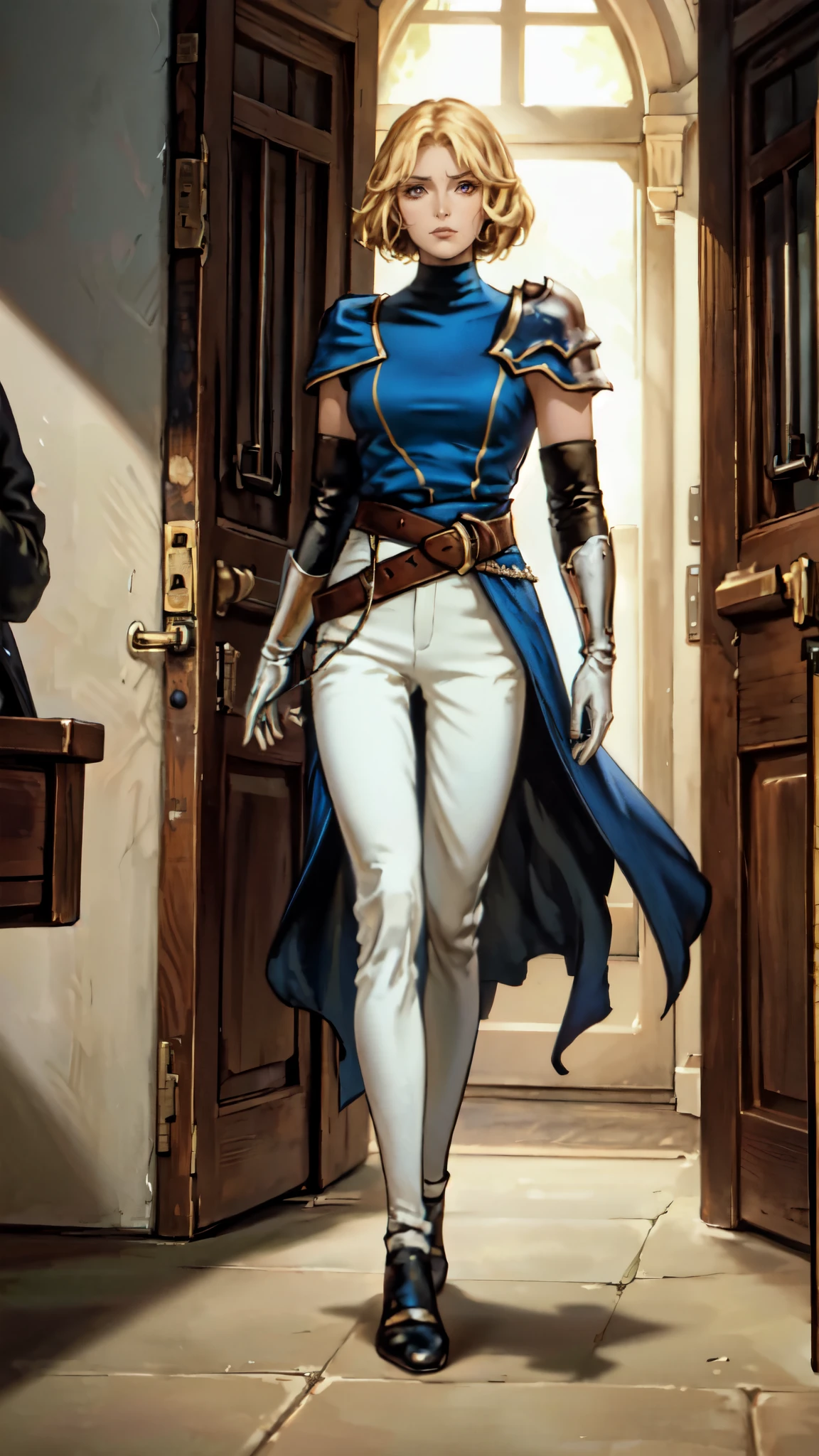 (masterpiece:1.2, best quality:1.2, extremely delicate:1.2), a beautiful woman with short tousled golden hair, deep-set eyes, sharply defined features, serious expression, luxurious yellow-and-white fantasy-style composite silk satin top, silk ribbon cape around the upper body, small metallic shoulder pads, fabric gloves, a belt adorned with metallic gear decorations, dark hem, white fabric trousers, strolling in a medieval fantasy-style city, this character embodies a finely crafted fantasy-style nobleman in anime style, exquisite and mature manga art style, dramatic, high definition, highres, ultra-detailed, ultra-fine painting, professional, perfect body proportions, golden ratio, anatomically correct, symmetrical face, extremely detailed eyes and face, high quality eyes, creativity, RAW photo, UHD, 32k, Natural light, cinematic lighting, (masterpiece-anatomy-perfect:1.2)