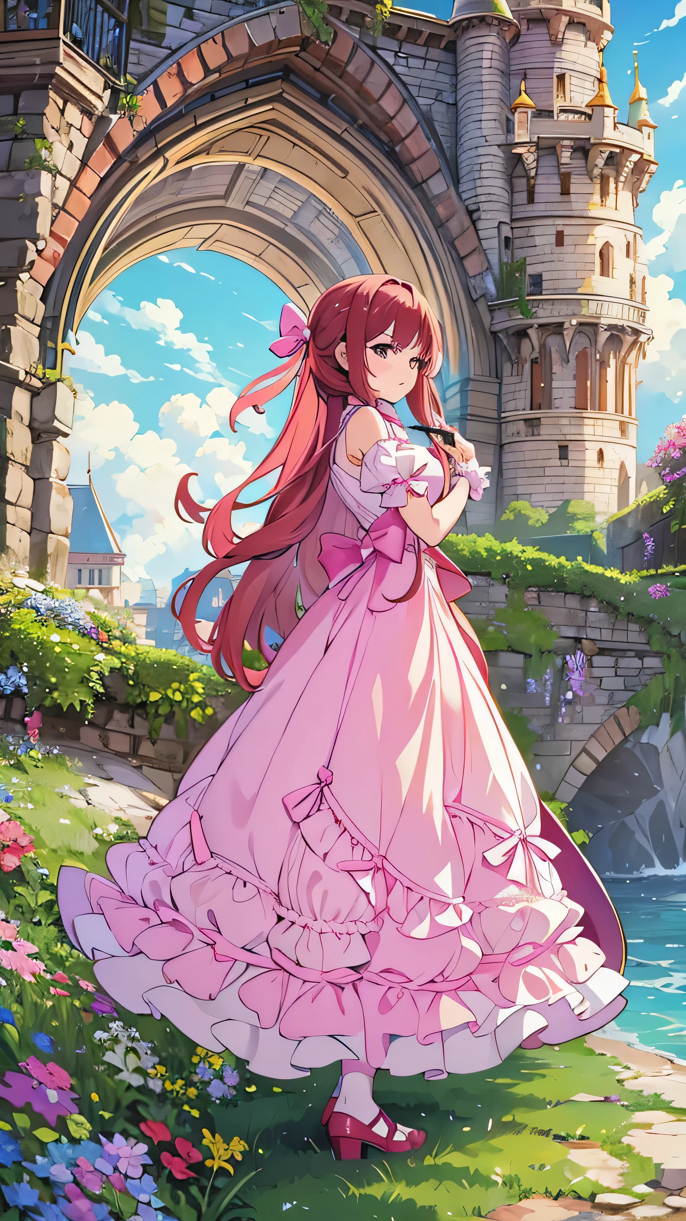 masterpiece、 best quality、The huge castle that can be seen above the sea in the background、one person、 1 girl、 maroon hair in the garden、 face details、 in a pink dress、Castle behind、 watching viewers 、Outdoor、To the sea、On the rock、Huge castle、 full body high quality images 、 standing、Disney Castle 、 cowboy shooting 