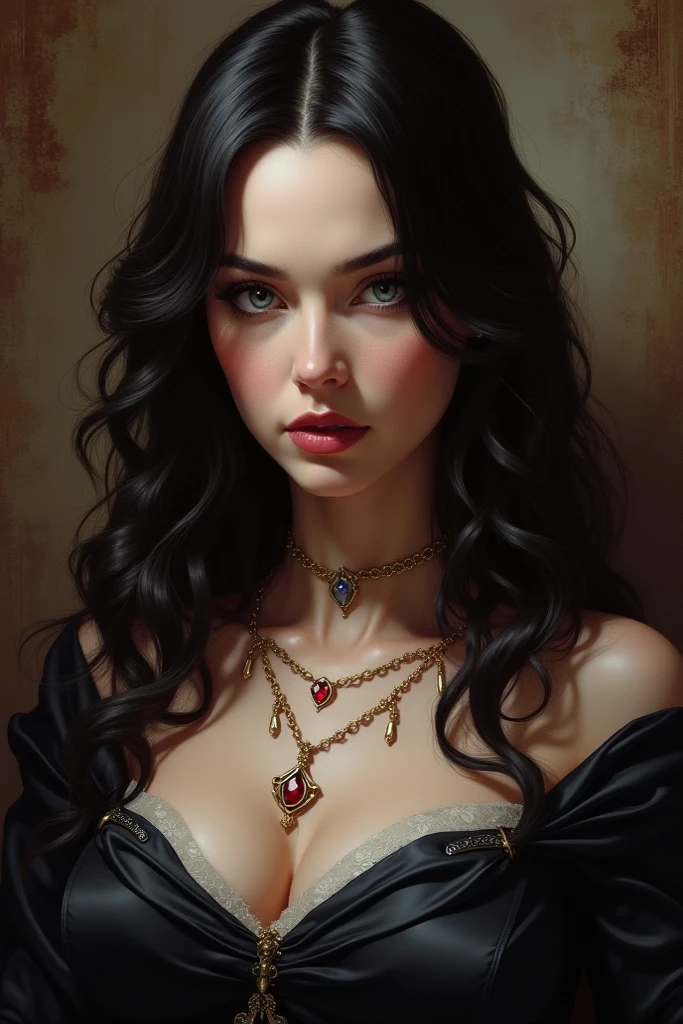 3 ropes, empress, dark hair, Brown eyes, beautiful appearance, crown on head