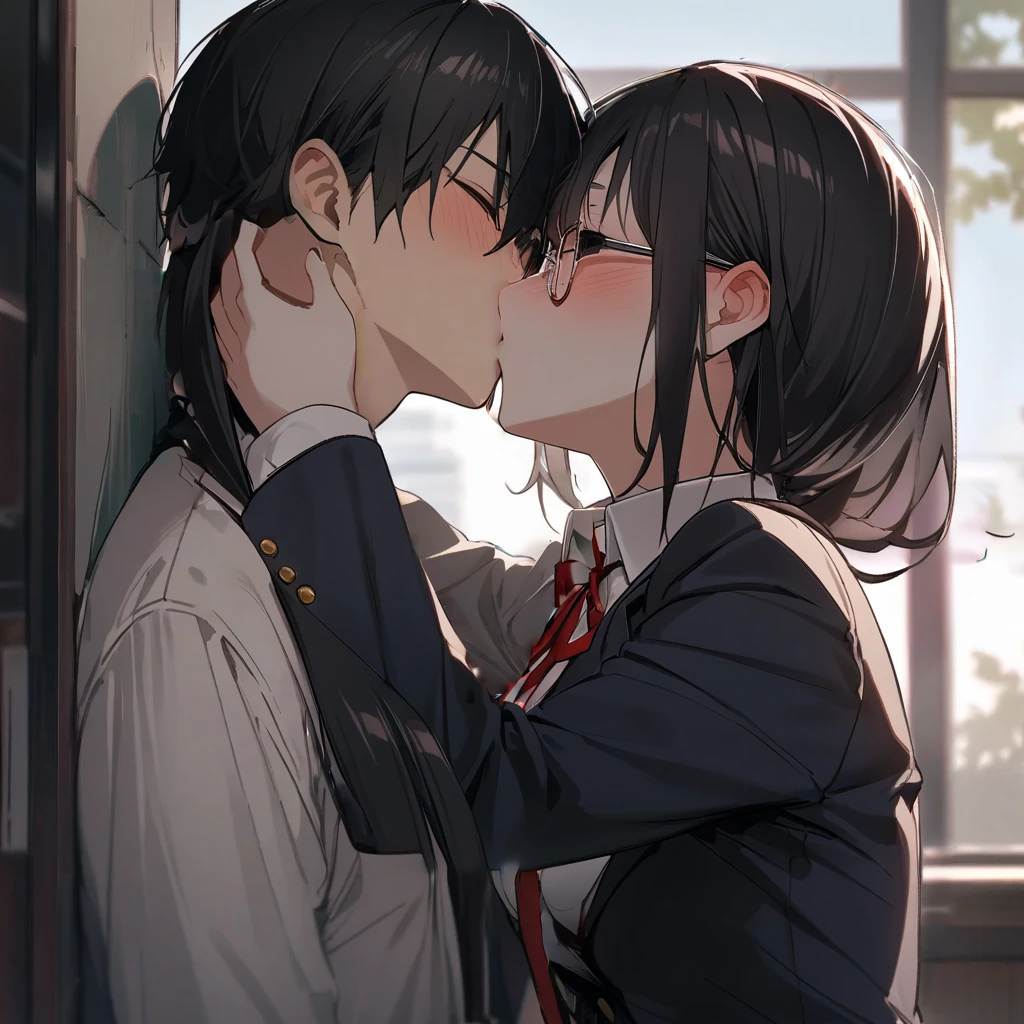 masterpiece,  best quality:1.2)、((( Female College Student、 black hair、very long hair、Black Eyes、empty eyes、 slender、(((Glasses)))、黒いschool uniform, 黒のmiddle breast, blazer,  red ribbon、 skirt、)))（close mouth）、（no expression）、 upper body、Kiss