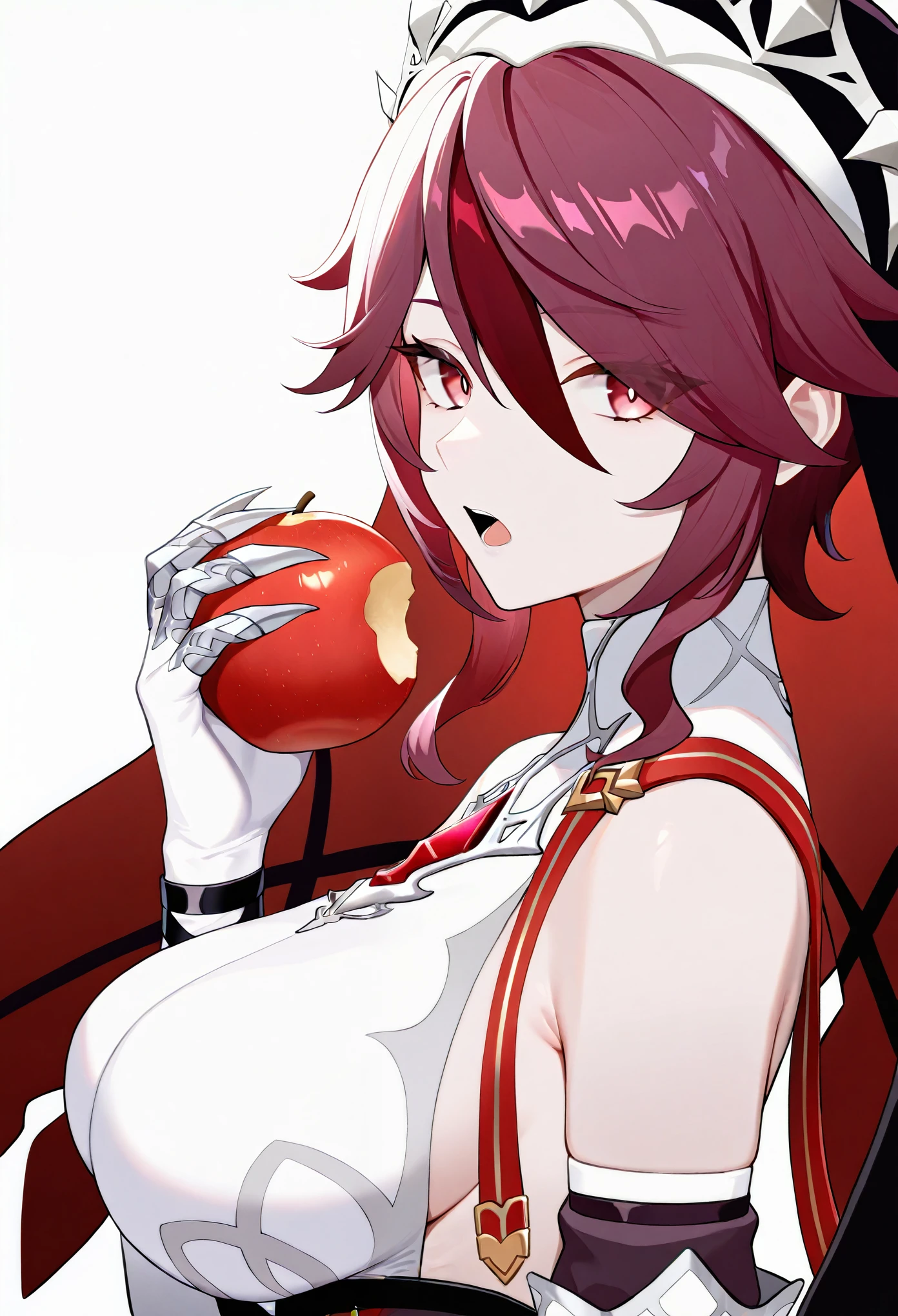 1girl, rosaria\(genshin impact\), genshin impact, masterpiece, best quality, very aesthetic, absurdres, close-up, from side, looking at viewer, red eyes, breasts, hand up, holding fruit, apple, eating, open mouth, expressionless, white background