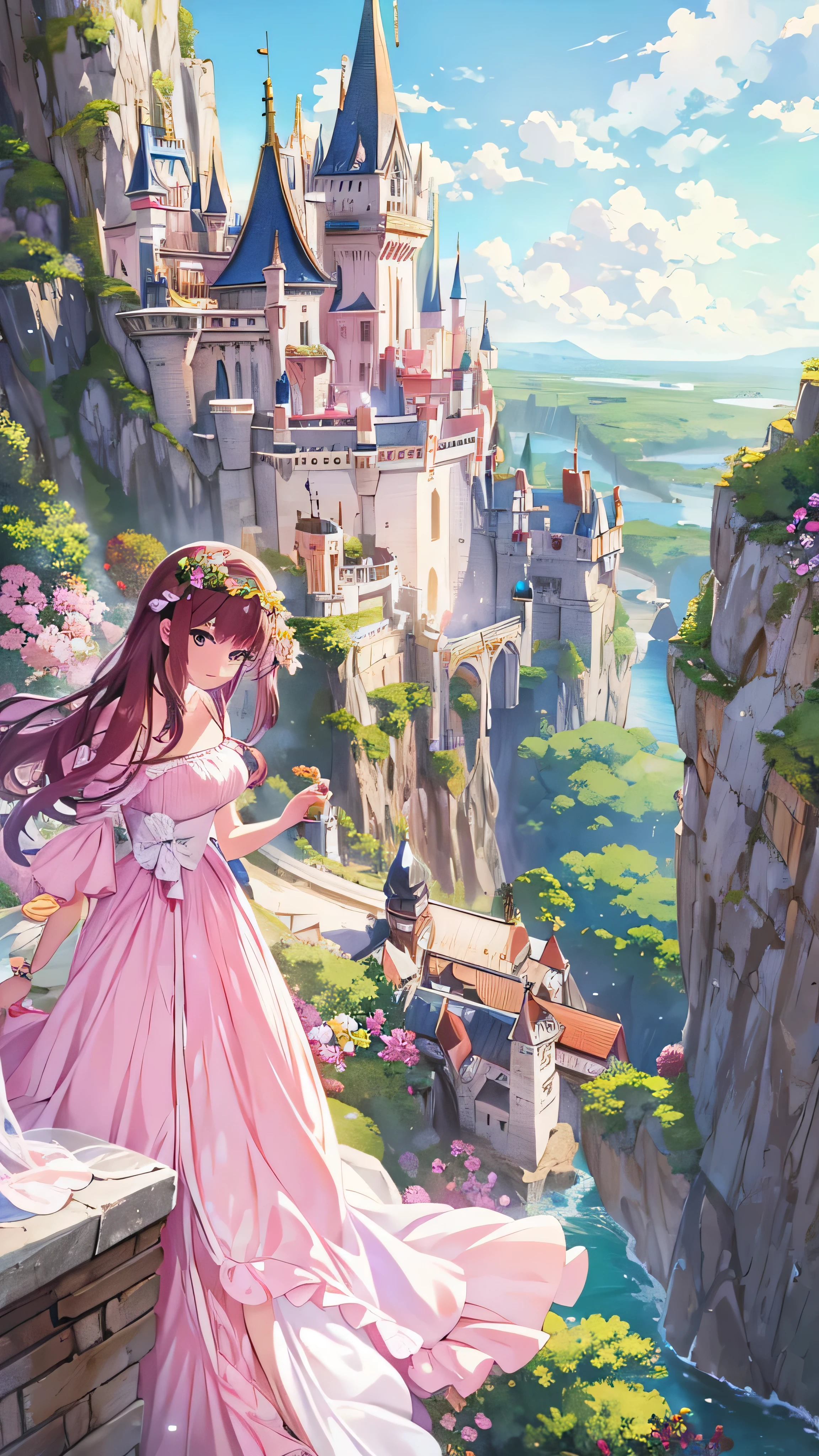 masterpiece、 best quality、The huge castle that can be seen above the sea in the background、one person、 1 girl、 maroon hair in the garden、 face details、 in a pink dress、Castle behind、 watching viewers 、Outdoor、To the sea、On the rock、Huge castle、 full body high quality images 、 standing、Disney Castle 、 cowboy shooting 