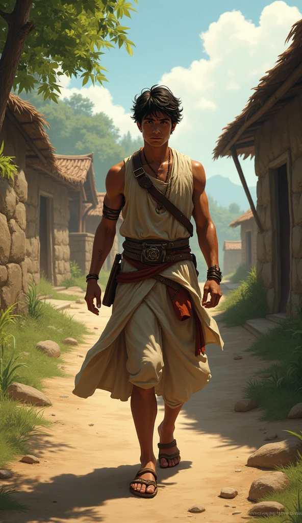 16 year old man, white hair, shirtless, wearing short Arab and Egyptian skirts, standing on top of a building looking at the fantasy city in flames., hay caos por todas partes confucion, There are many inhabitants with green hair running scared everywhere, you are breathing from the flames in an epic view., no estilo de anime, paisaje todo ardiendo, apocalyptic