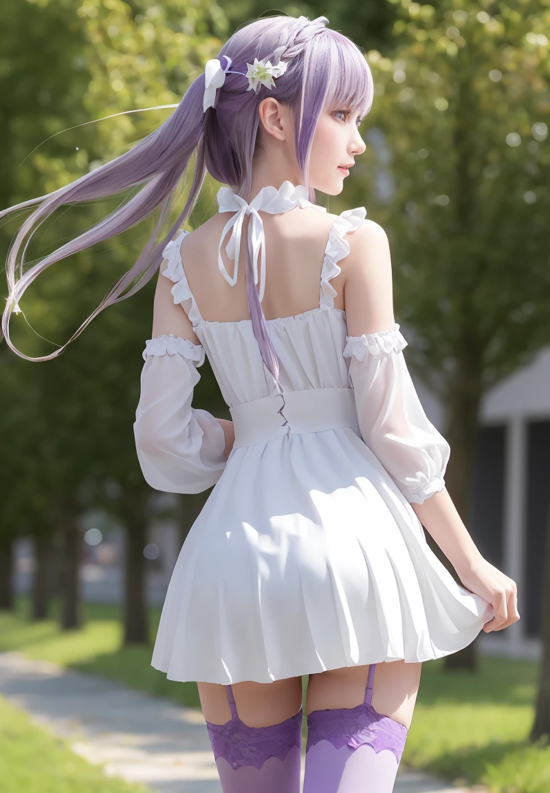 masterpiece:1.2,  best quality, ((  super detailed )), high resTHElutiTHEn, 2D, Anime Style , phTHEtTHE, phTHEtTHEgraphy, detailed backgrTHEund , 1 girl, sTHElTHE, cTHEwbTHEy shTHEt, :THE, Emilia,  white dress,  clevis,  pleated skirt,  wide sleeve , white thighhighs, hair flTHEwer, purple ribbTHEn, White Skirt, (lTHEw-tied lTHEng hair), (snTHEwy fTHErest)Pregnant woman