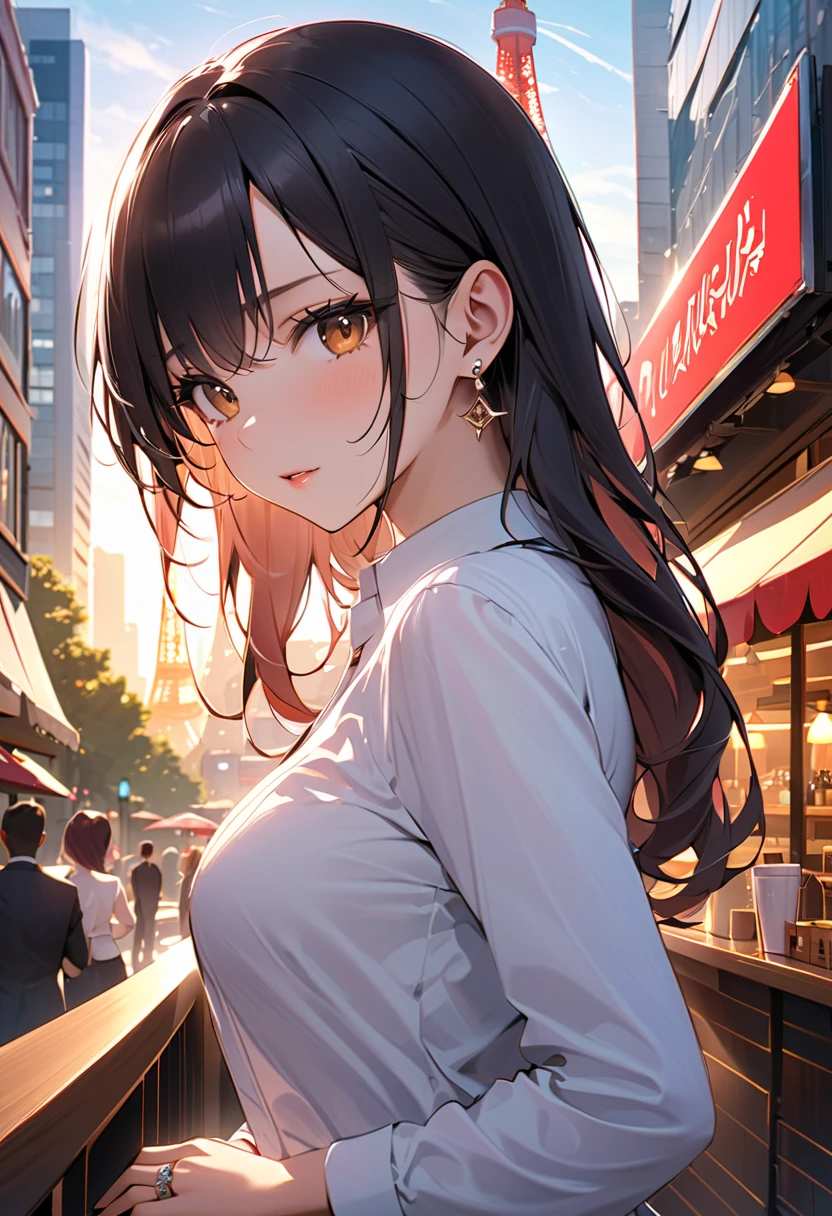 Masterpiece, best quality, expressive eyes, perfect face, 1girl, breasts, sweater, solo, long hair, large breasts, smile, white sweater, turtleneck sweater, looking at viewer, night, turtleneck, ribbed sweater, yellow eyes, blush, long sleeves, sky
