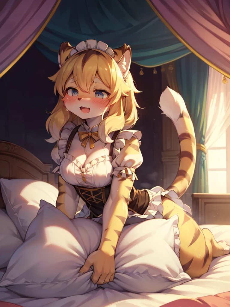 （masterpiece，best quality），mine, The Beast, , ( ））, 穿着Maid costume的可爱女孩在Pillow上摆姿势,，Maid costume，nature,, (blush),a smile，Pillow,（Lots of Pillow），Soft cushion，（canopy bed），（Pillow），Lots of Pillow，（Friction in the crotch），（（PillowCamel）），（A tail），（Around the protagonist），steam，（Pillow），（LuxuryPillow），（Palace Pillow Pattern Pillow），（palace），（Palace bedroom），（Gorgeous Pattern Pillow），Soft Pillow，，（Classical European style bedroom ），（excited，shy person，Lack of expressiveness，），pillow hump,，(Deluxe Rococo Canopy King Bed),Luxurious curtains with ornate ruffles and ribbons hang around the large bed.,((((The bed is piled with many Pillows)))),Quilt details,Detailed bed linen,Ruffled Bed Skirt,Deep Bed,Background with depth,((Pillow in detail)), ((((A Lot of Pillow))))，,，Detailed Soft Pillow,,((女孩正躺在许多Soft Pillow上,There are many Pillows around))，、、In a large canopy bed、Soft sheets and quilts、Colorful soft Pillow、Lots of Pillow、Soft toned bed、Ruffled curtains around the bed.。Delicate face，（Ornate pattern pillow），Soft pillow，，（ classical European style bedroom  ），（Excited face，Opened mouth，Shy，），，my，tiger girl，，sweaty，，（more pillows)，，Blushing，Shy,,MASTURBATING WITH PILLOW,pillow humping, crotch rub,Exhale hot air，steam，