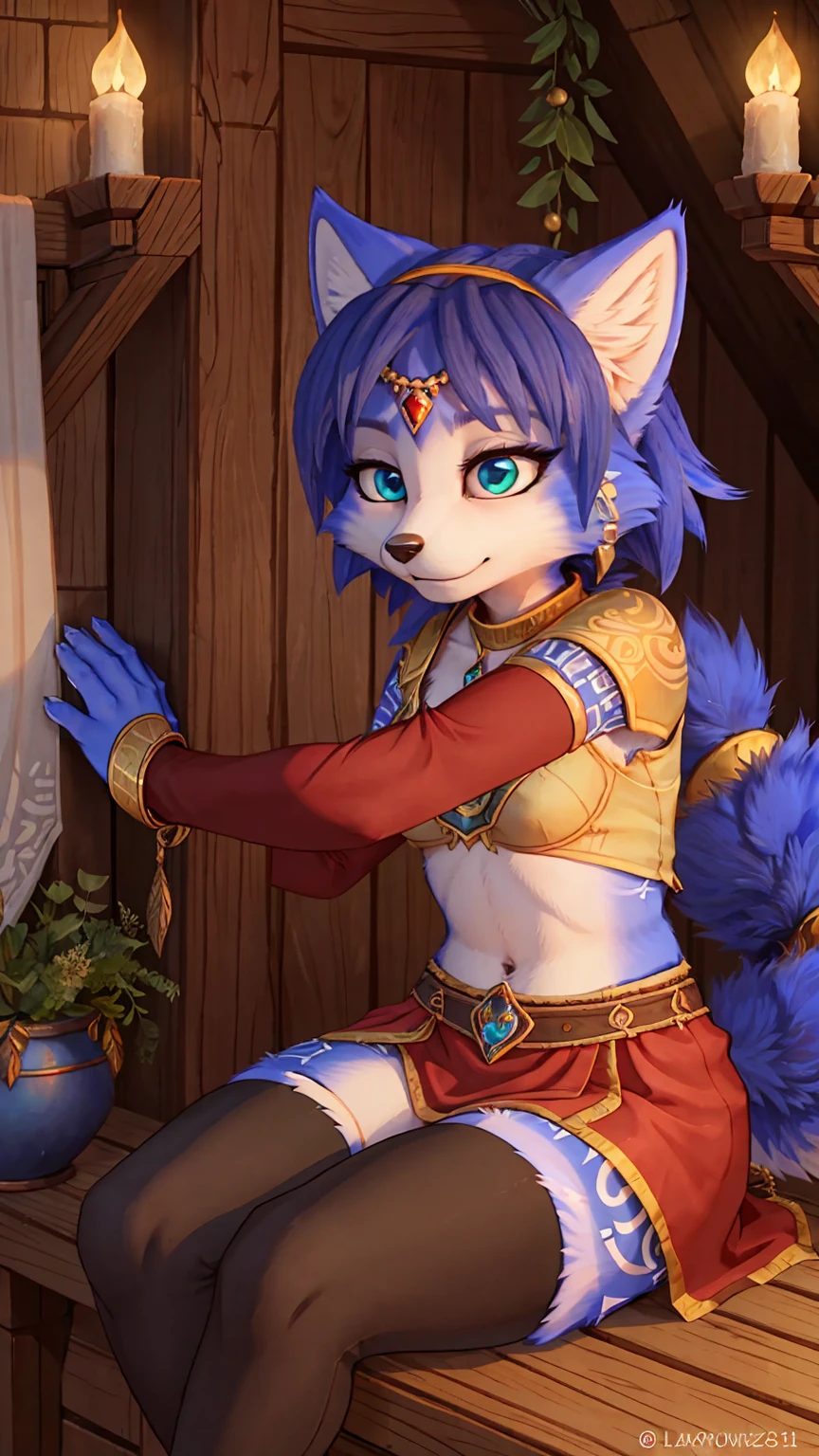 A beautiful and detailed picture of ((krystal)), Star Fox krystal,  green eyes, medium breasts, (((Long blue hair 1.3))),  anthro, furry, (von Fluff-Kevlar, Bayard Wu, personalize me, Pino Daeni),  detailed fluffy fur, detailed face, (fluffy), 1 girl, alone, hair cover one eye:1.4, wears tribal clothing with leather armor, wears tribal top with leather armor, ((in the Ravenclaw common room at Hogwarts:1.4)), ignores the viewer