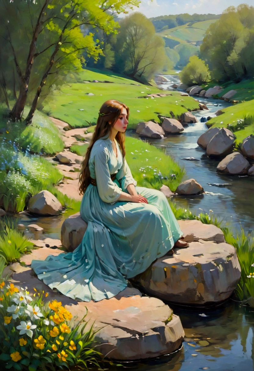  A girl sits on a rock， in a peaceful idyllic setting ， Melancholy but Hopeful ， delicate face and eyes， long flowing hair，Exquisite clothes， complex background ， Lush green ，Flowers and a serene stream ，landscape，painting，Natural Lighting， Pastel Palette ，Film composition