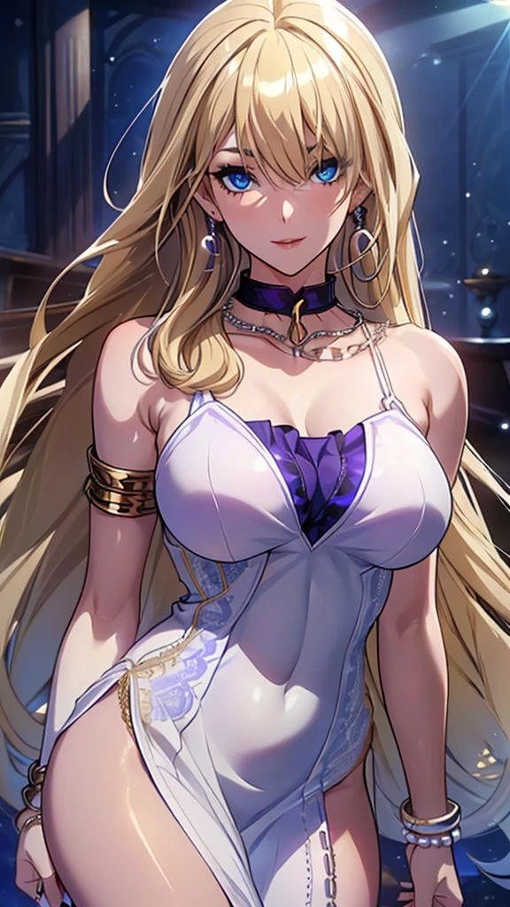 A masterpiece of the highest order, ultra high precision, ultra high image quality, 8K quality, realistic anime style, a woman, a perfect woman with the best anatomical and ergonomic face and body, a well-proportioned face and body, (((Long hair:1.3))), (((Blue colored highlights hair:1.2))), (((shiny Blonde hair:1.2))), (((long bangs:1.2))), a slim face, ((narrow deep clear Blue eyes:1.2)), (((deep glossy and shining eyes))), (((eyes with highlights))), (((very long eyelashes))), thin red lips, a tall and slender body, (very large and heavy breasts:1.4), tight waist, large hips, white skin, moist and lustrous skin, (((Sexy purple dress))), (((slit Lace Dress:1.2))), (((large earrings))), (((Pearl necklaces:1.2))), (((bangles, rings))), (((beautiful smile))), mysterious atmosphere, great presence, ((upper body, sexy pose))
