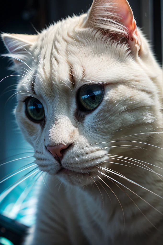 A close-up portrait of a white cat in a parallel universe, hyper detailed, cinematic, dramatic lighting, intricate sci-fi environment, neon lights, floating islands, alien architecture, glowing crystals, volumetric fog, futuristic, highly detailed, photorealistic, 8k, masterpiece, award winning, cinematic composition, dramatic angles, mood lighting, epic scale, sense of wonder, awe-inspiring