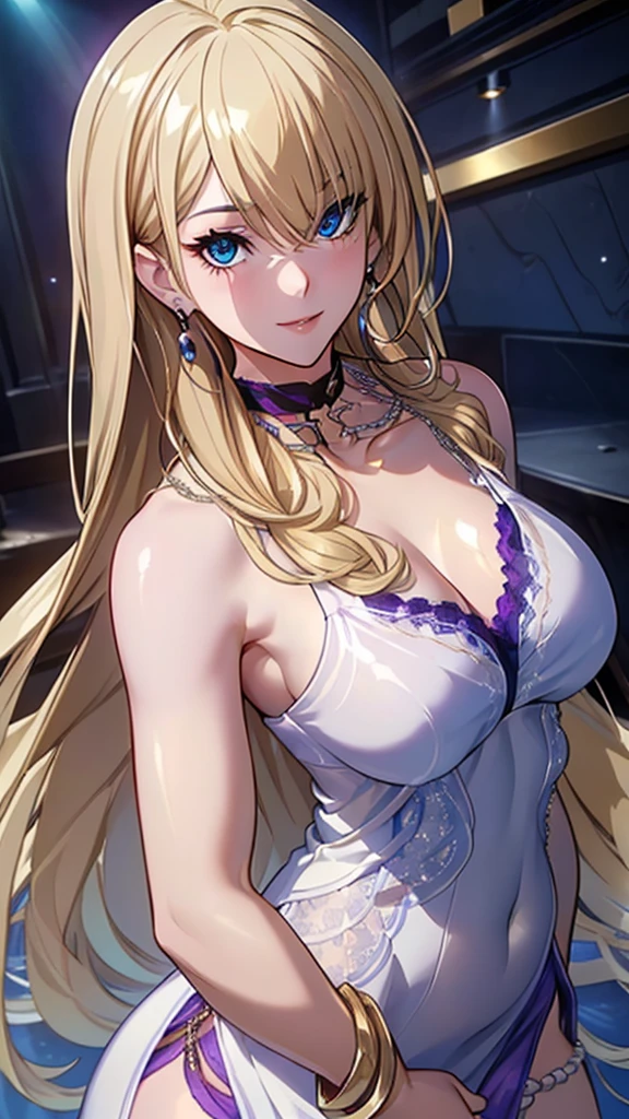 A masterpiece of the highest order, ultra high precision, ultra high image quality, 8K quality, realistic anime style, a woman, a perfect woman with the best anatomical and ergonomic face and body, a well-proportioned face and body, (((Long hair:1.3))), (((Blue colored highlights hair:1.2))), (((shiny Blonde hair:1.2))), (((long bangs:1.2))), a slim face, ((narrow deep clear Blue eyes:1.2)), (((deep glossy and shining eyes))), (((eyes with highlights))), (((very long eyelashes))), thin red lips, a tall and slender body, (very large and heavy breasts:1.4), tight waist, large hips, white skin, moist and lustrous skin, (((Sexy purple dress))), (((slit Lace Dress:1.2))), (((large earrings))), (((Pearl necklaces:1.2))), (((bangles, rings))), (((beautiful smile))), mysterious atmosphere, great presence, ((upper body, sexy pose))
